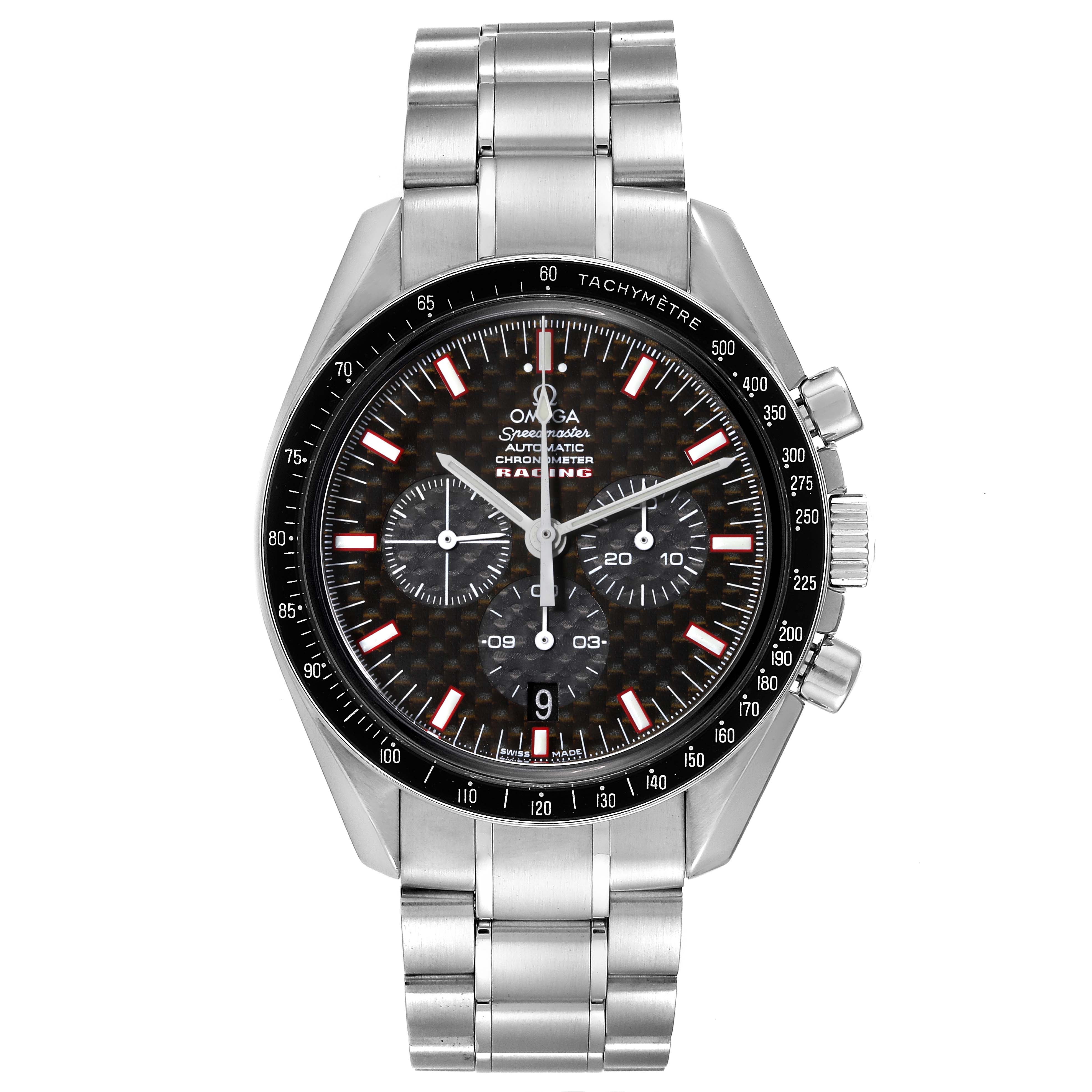 The Omega Speedmaster 3552.59.00 Men's Stainless Steel Black Dial 3552.59.00 Men's Stainless Steel Black Dial watch is displayed from a top-down angle, showing the dial, bezel, and bracelet.