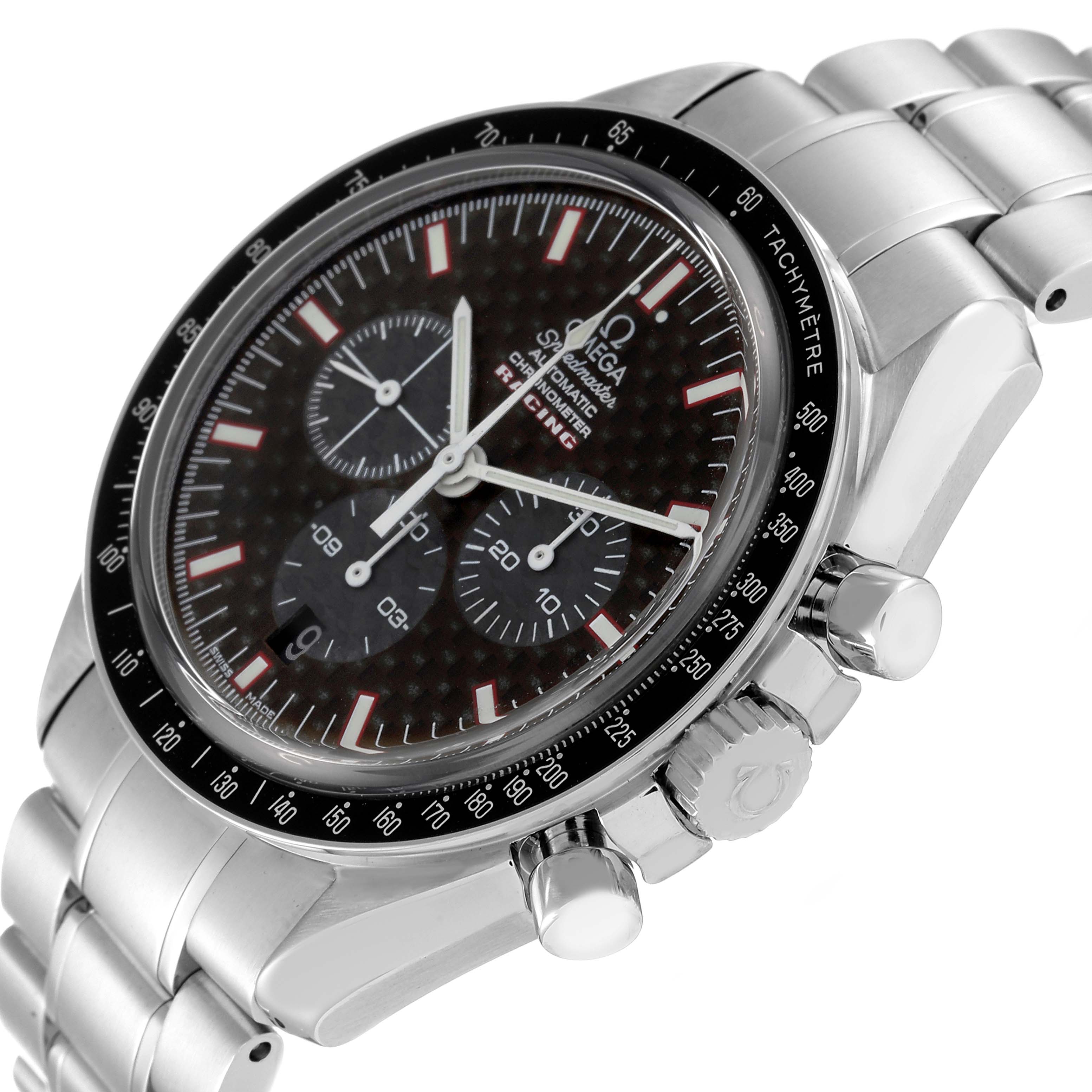 The image shows an Omega Speedmaster 3552.59.00 Men's Stainless Steel Black Dial 3552.59.00 Men's Stainless Steel Black Dial watch at an angled view, highlighting its dial, tachymeter bezel, pushers, and bracelet.