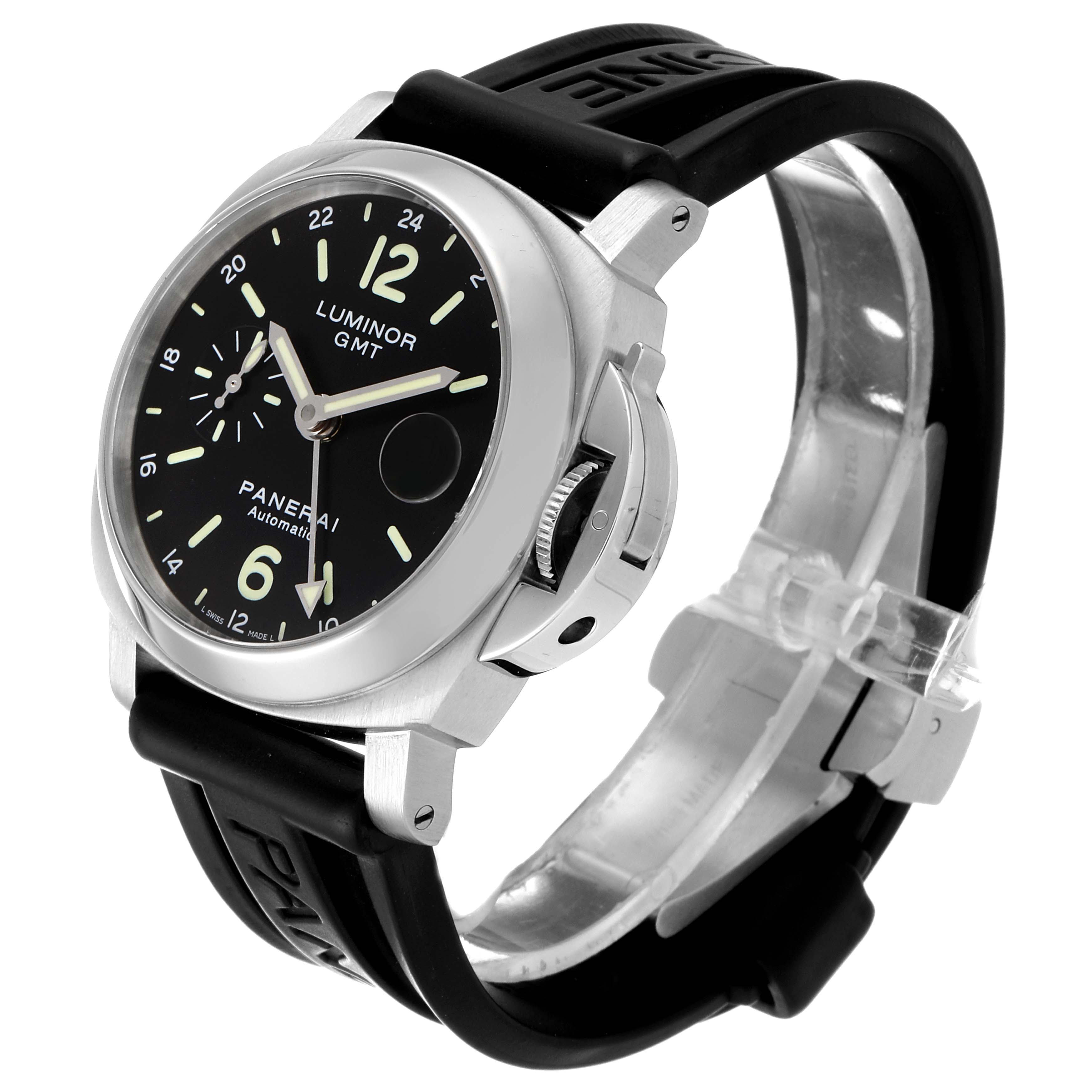 The image shows a Panerai Luminor PAM00244 Men's Stainless Steel Black Dial PAM00244 Men's Stainless Steel Black Dial GMT watch from an angle highlighting its face, bezel, crown guard, and black rubber strap.