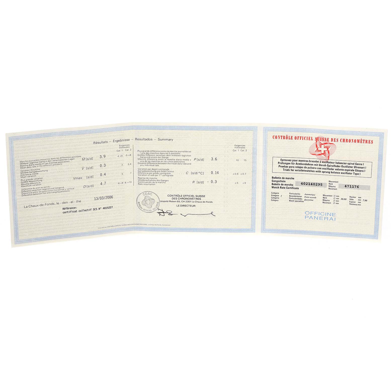 The image shows an opened official certificate for a Panerai Luminor PAM00244 Men's Stainless Steel Black Dial PAM00244 Men's Stainless Steel Black Dial watch, detailing its performance and specifications.