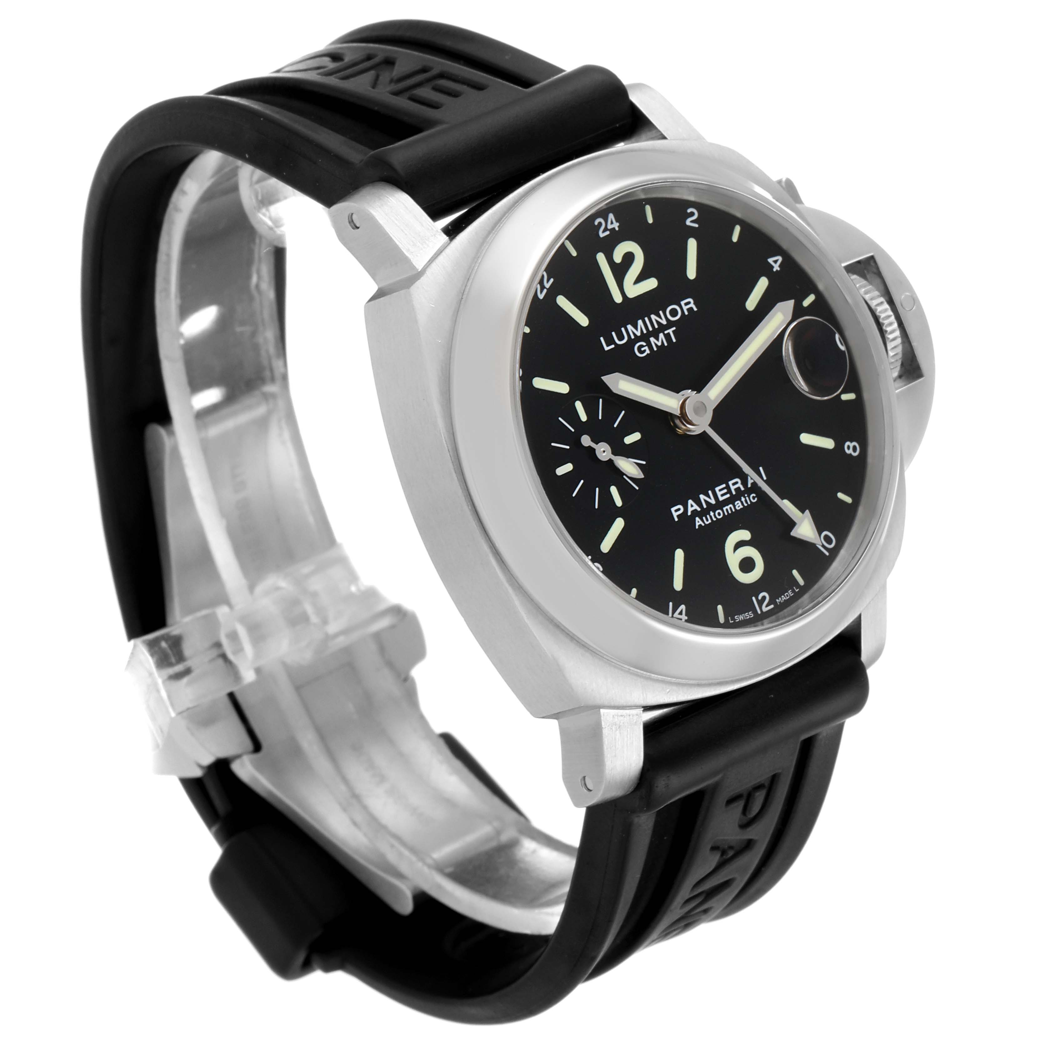 The Panerai Luminor PAM00244 Men's Stainless Steel Black Dial PAM00244 Men's Stainless Steel Black Dial GMT watch is shown at a slight angle, showcasing the face, side crown guard, and black rubber strap.