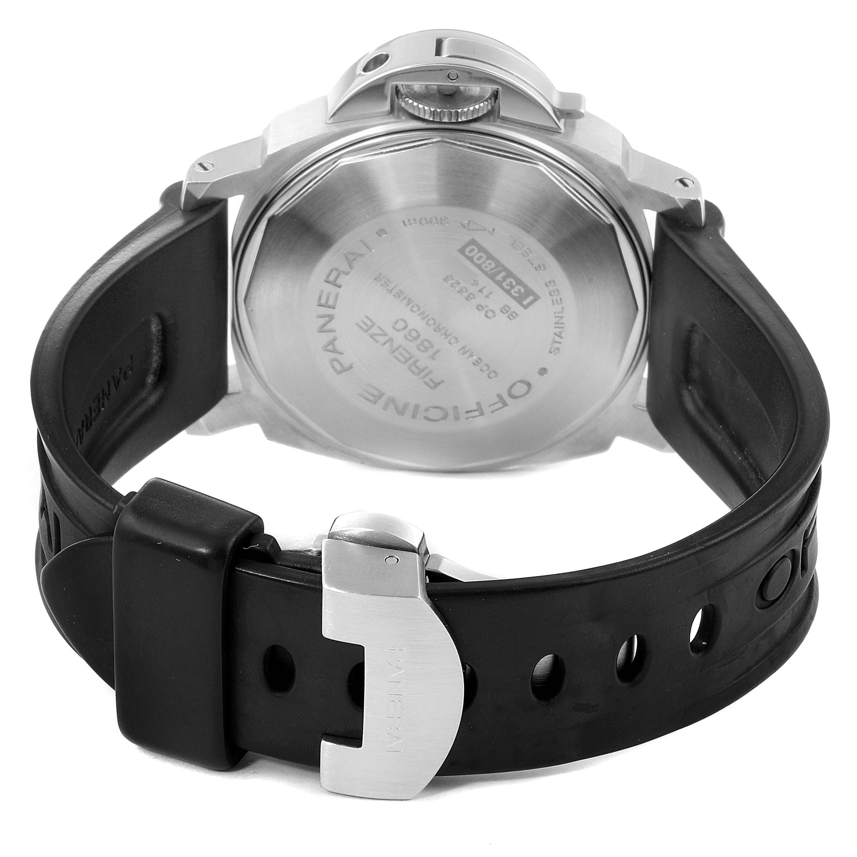 The image shows the back case and rubber strap of a Panerai Luminor PAM00244 Men's Stainless Steel Black Dial PAM00244 Men's Stainless Steel Black Dial watch from a rear angle.