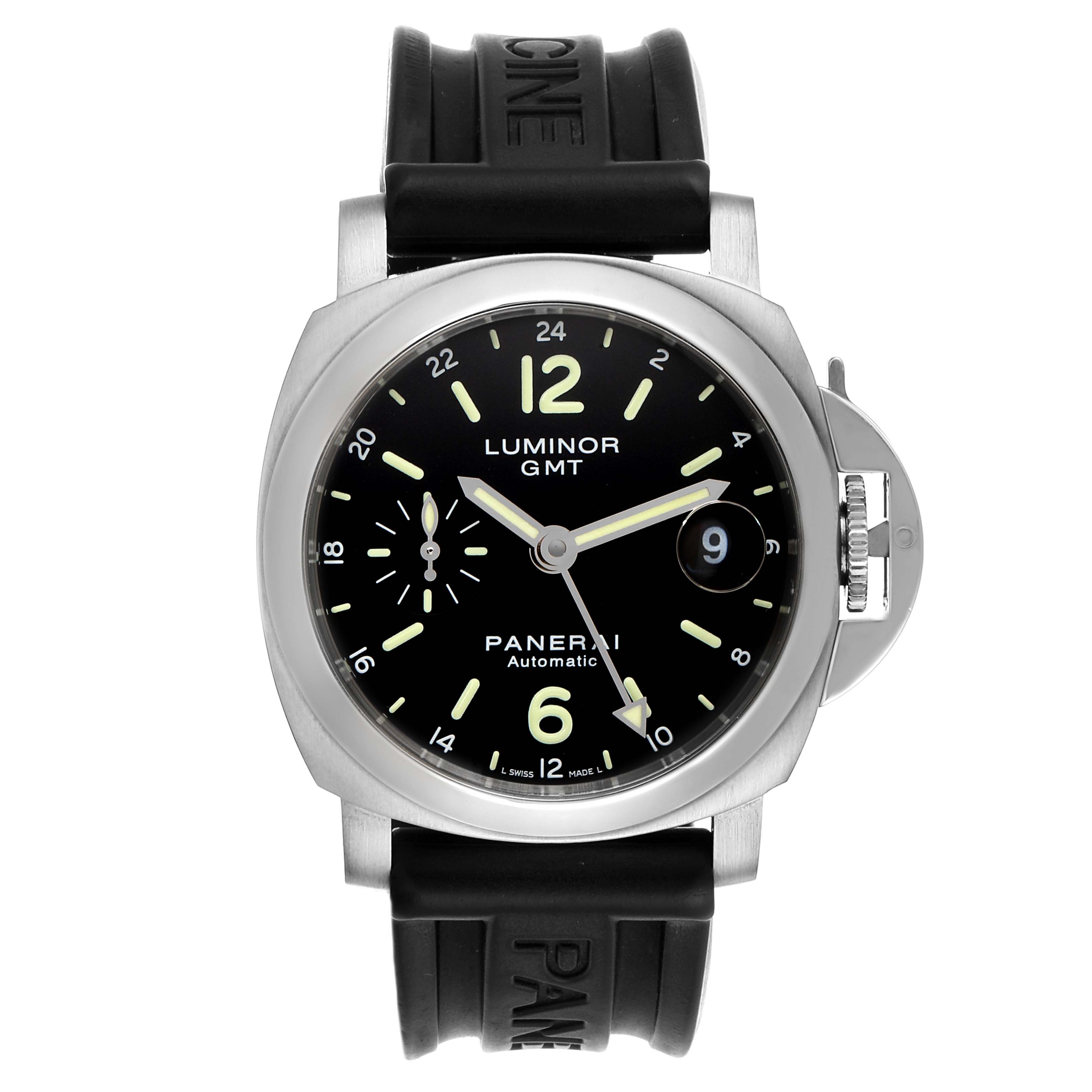 The image shows a front view of the Panerai Luminor PAM00244 Men's Stainless Steel Black Dial PAM00244 Men's Stainless Steel Black Dial GMT watch, highlighting the dial, strap, and crown-guard mechanism.