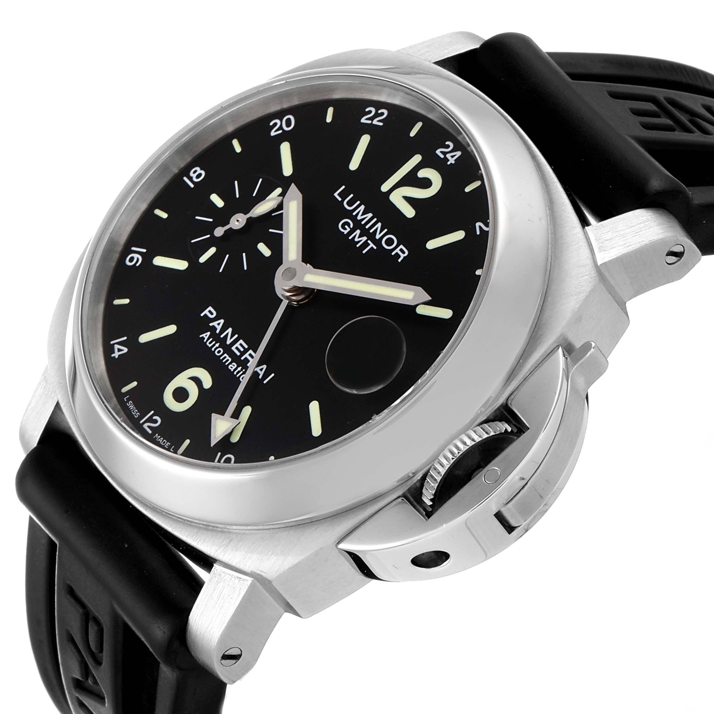 The image shows a close-up angled view of the Panerai Luminor PAM00244 Men's Stainless Steel Black Dial PAM00244 Men's Stainless Steel Black Dial model watch, highlighting the dial, crown guard, and part of the strap.