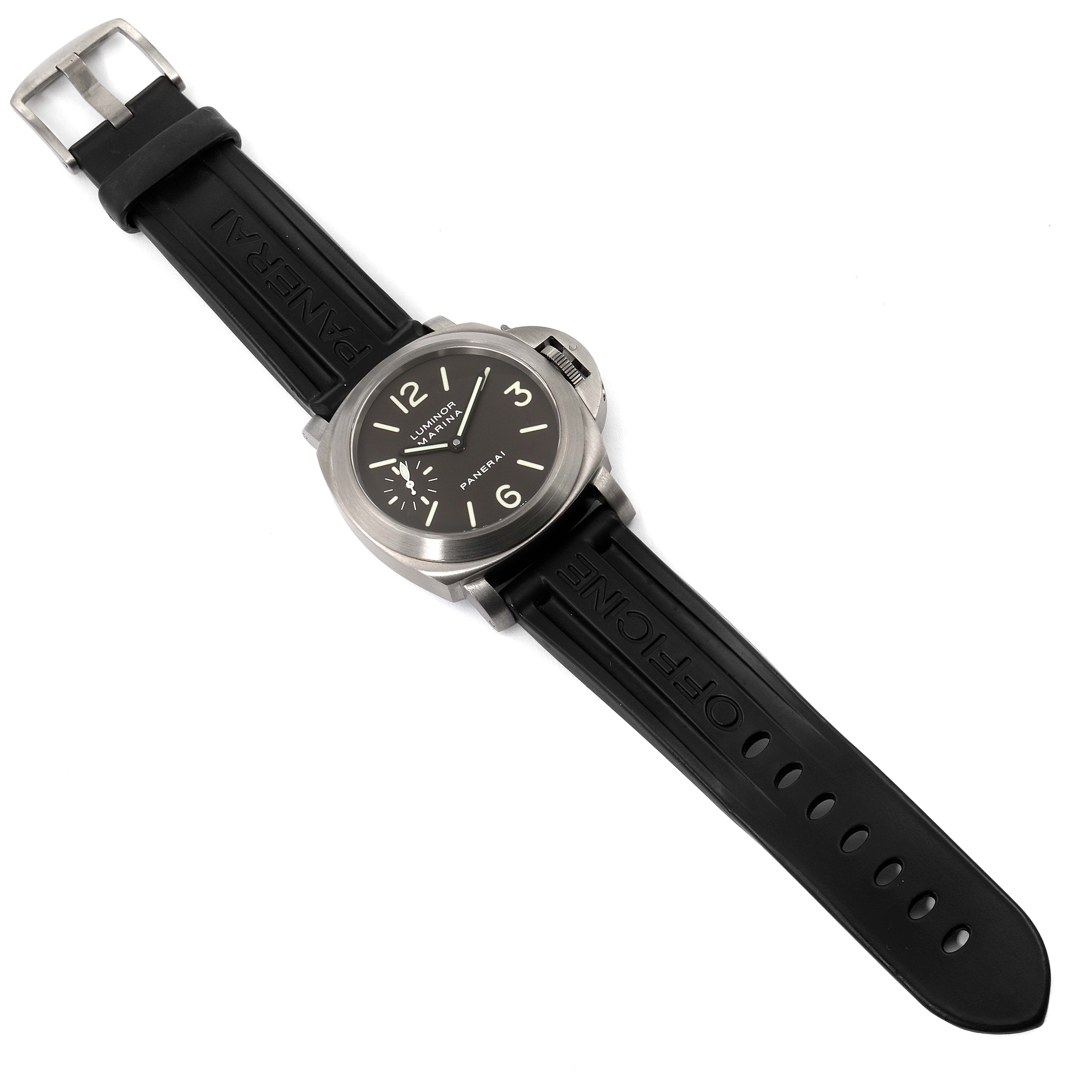 The image shows a Panerai Luminor PAM00061 Men's Titanium Brown Dial PAM00061 Men's Titanium Brown Dial watch from a top-down angle, highlighting its face, bezel, and black rubber strap.