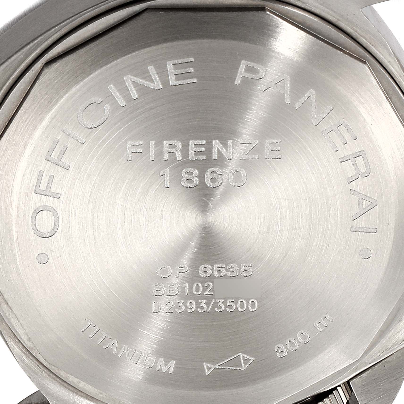 The image shows the titanium case back of a Panerai Luminor PAM00061 Men's Titanium Brown Dial PAM00061 Men's Titanium Brown Dial watch, detailing its model and production information.