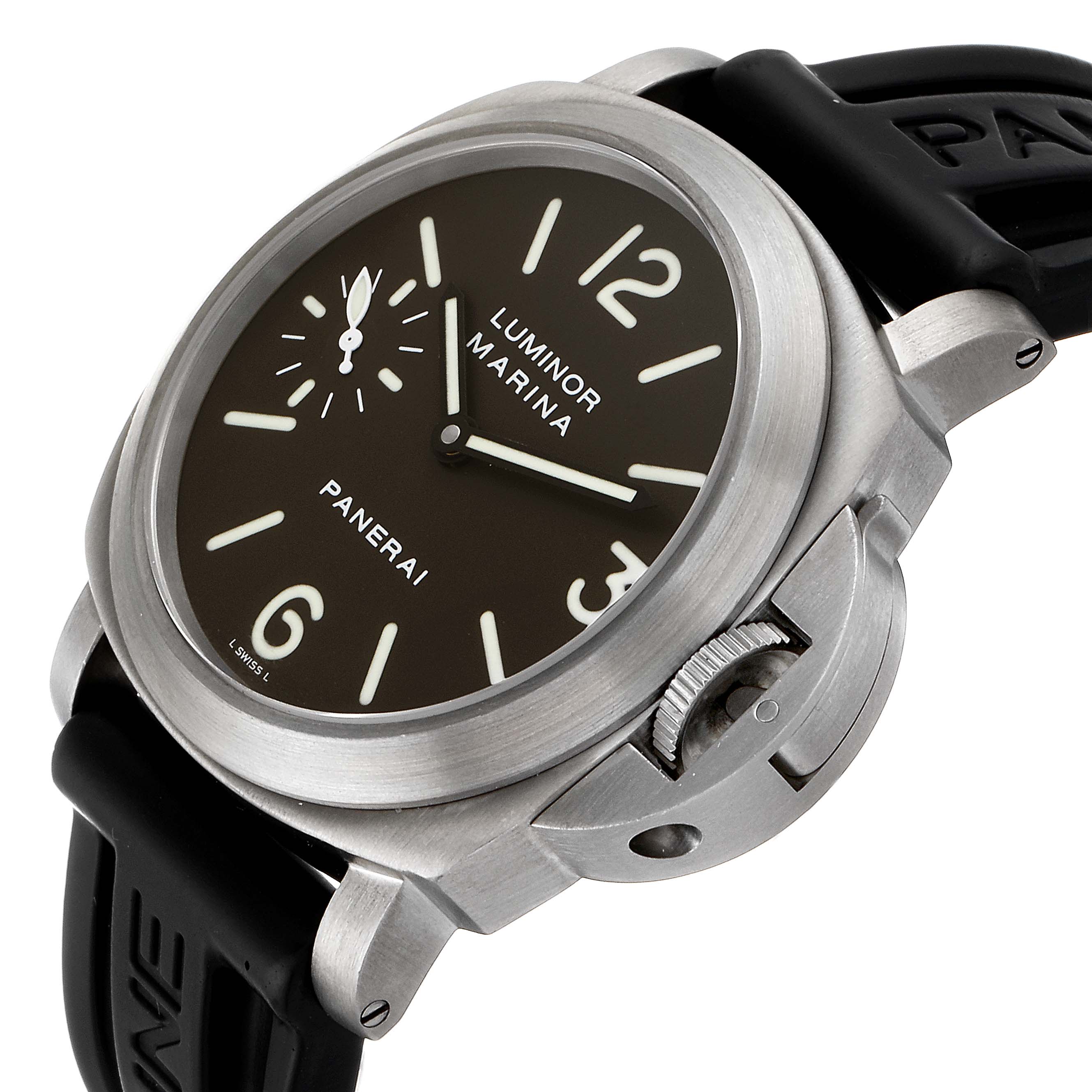 This image shows a Panerai Luminor PAM00061 Men's Titanium Brown Dial PAM00061 Men's Titanium Brown Dial Marina watch with a stainless steel case, black dial, and rubber strap at an angled view.