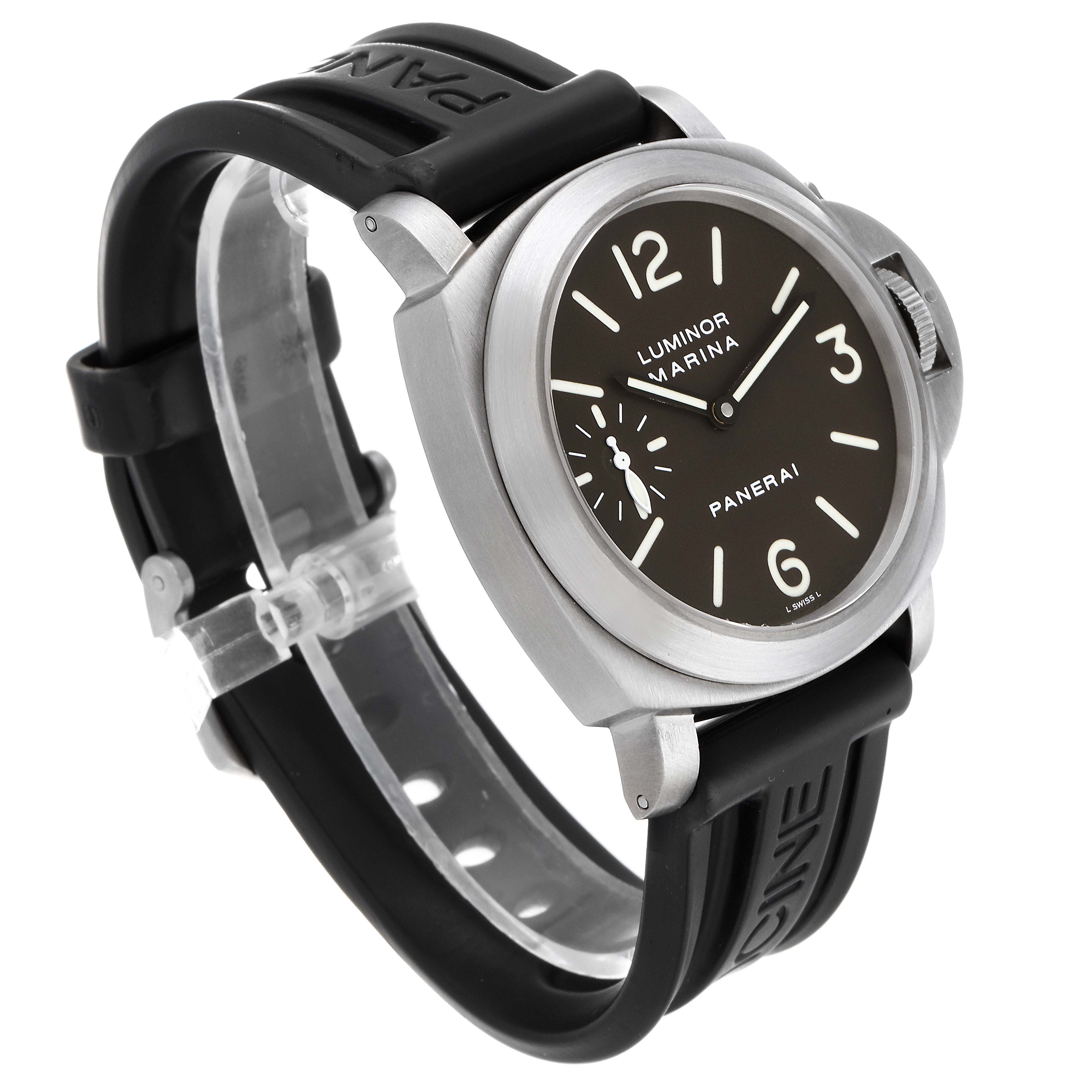 The image shows a Panerai Luminor PAM00061 Men's Titanium Brown Dial PAM00061 Men's Titanium Brown Dial watch at a slight angle, displaying its dial, crown guard, and rubber strap.