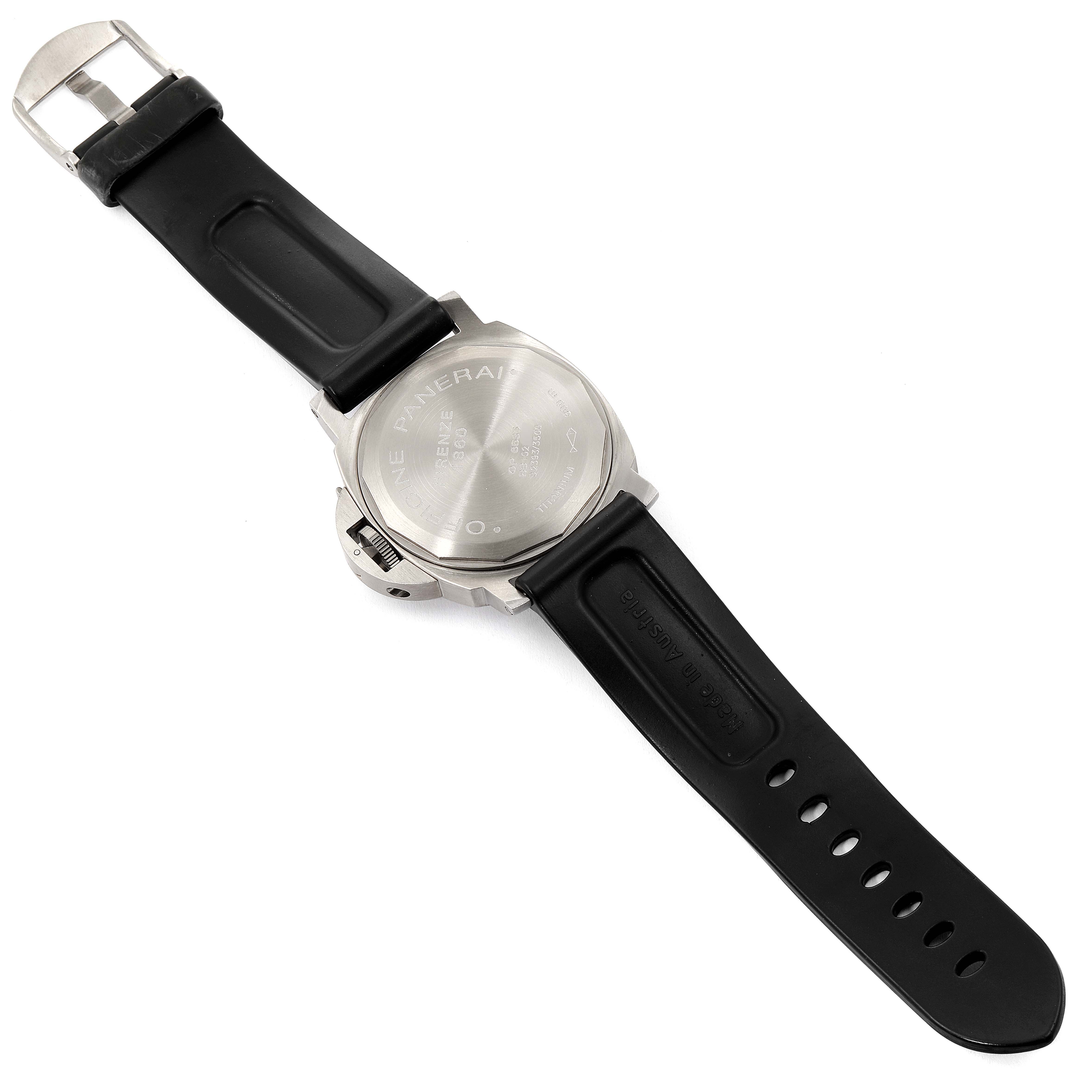 The image shows the back case and strap of a Panerai Luminor PAM00061 Men's Titanium Brown Dial PAM00061 Men's Titanium Brown Dial watch from a top-down angle.