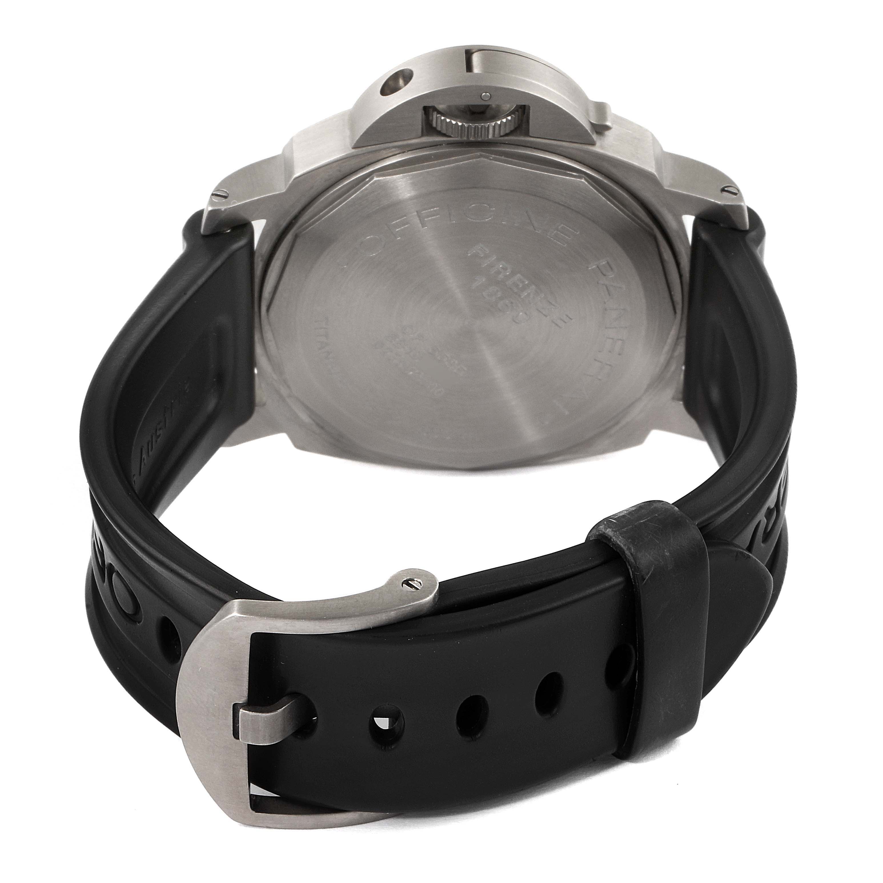 The image shows the back case and black rubber strap of a Panerai Luminor PAM00061 Men's Titanium Brown Dial PAM00061 Men's Titanium Brown Dial watch.