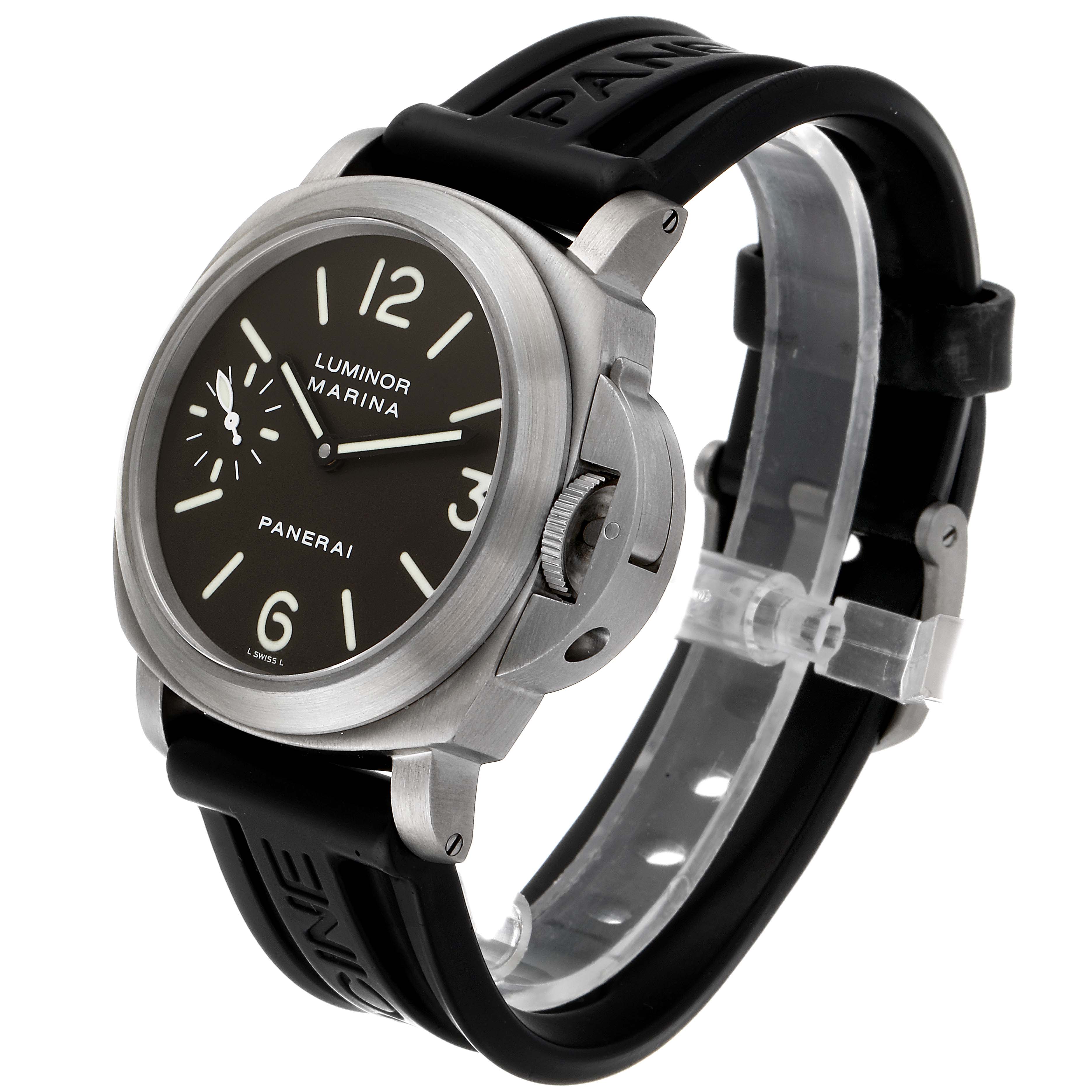 The image shows a Panerai Luminor PAM00061 Men's Titanium Brown Dial PAM00061 Men's Titanium Brown Dial watch at a three-quarter angle, highlighting its dial, strap, and crown guard.