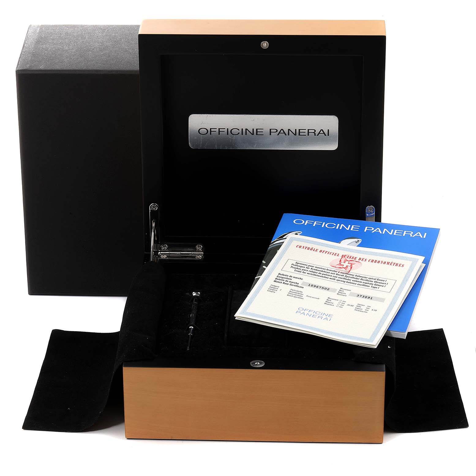 The image shows the open wooden box and certification documents for the Panerai Luminor PAM00061 Men's Titanium Brown Dial PAM00061 Men's Titanium Brown Dial watch.