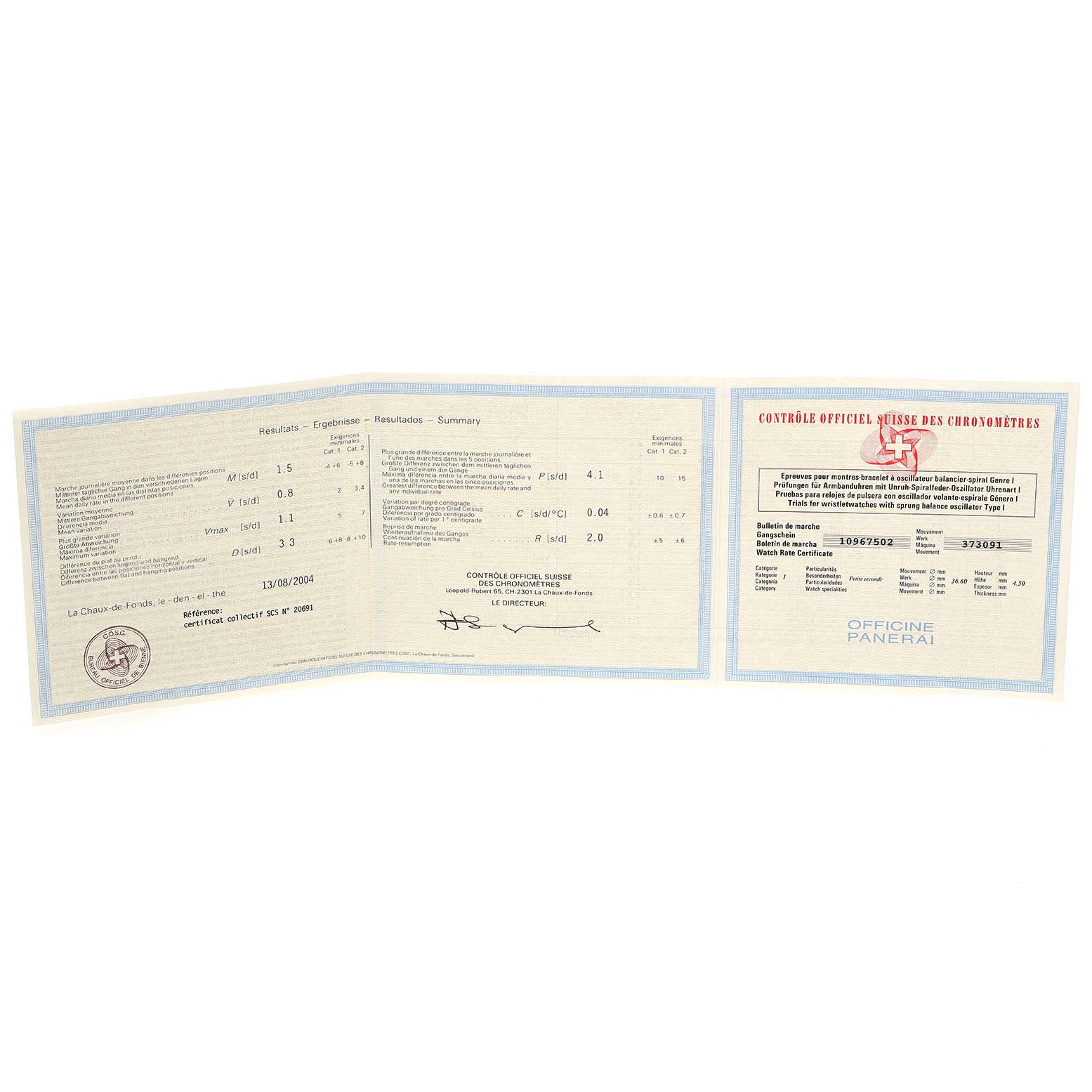 This image shows the official certification papers for a Luminor model by Panerai.