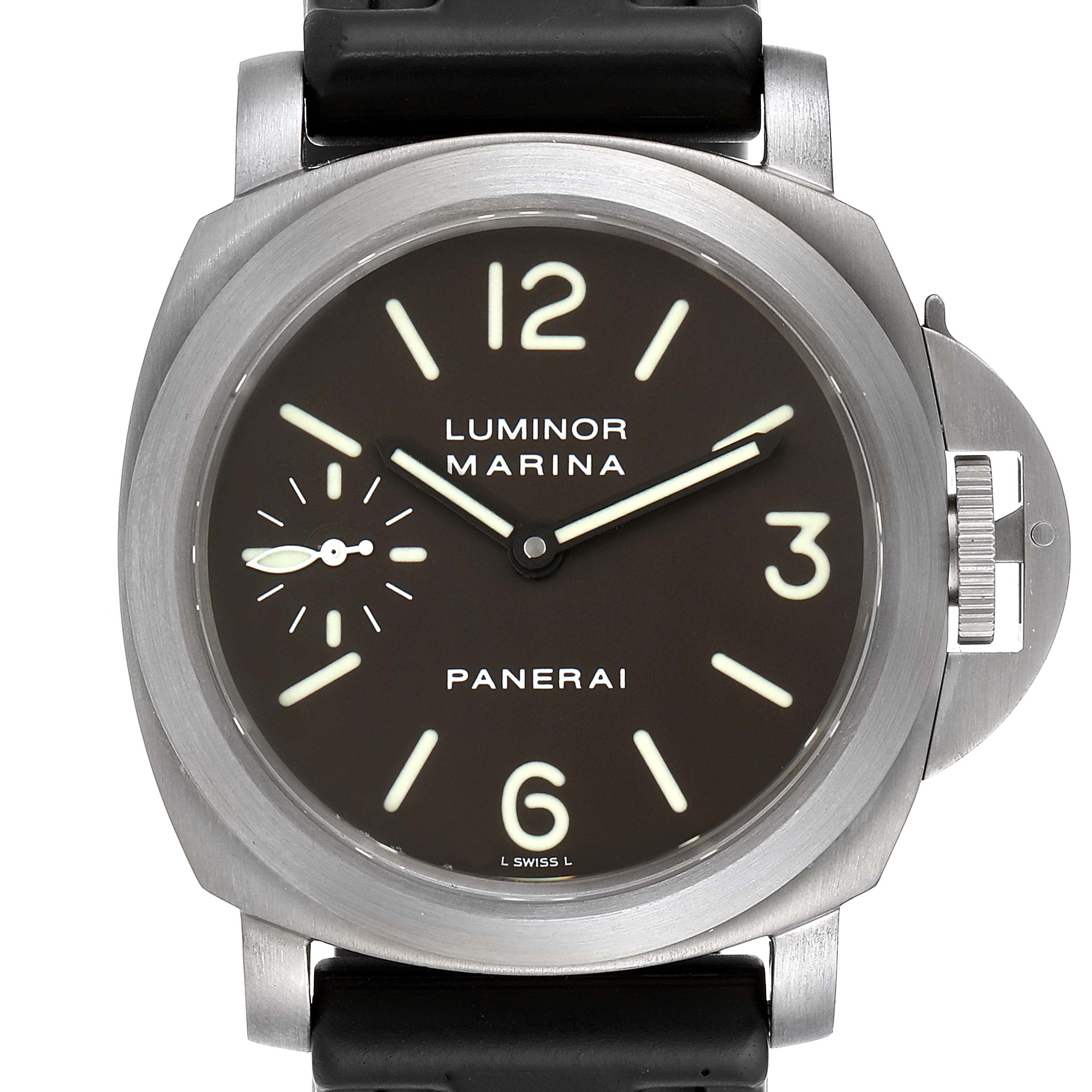 This image shows a front view of the Panerai Luminor PAM00061 Men's Titanium Brown Dial PAM00061 Men's Titanium Brown Dial Marina watch, displaying its face, bezel, and strap attachment.