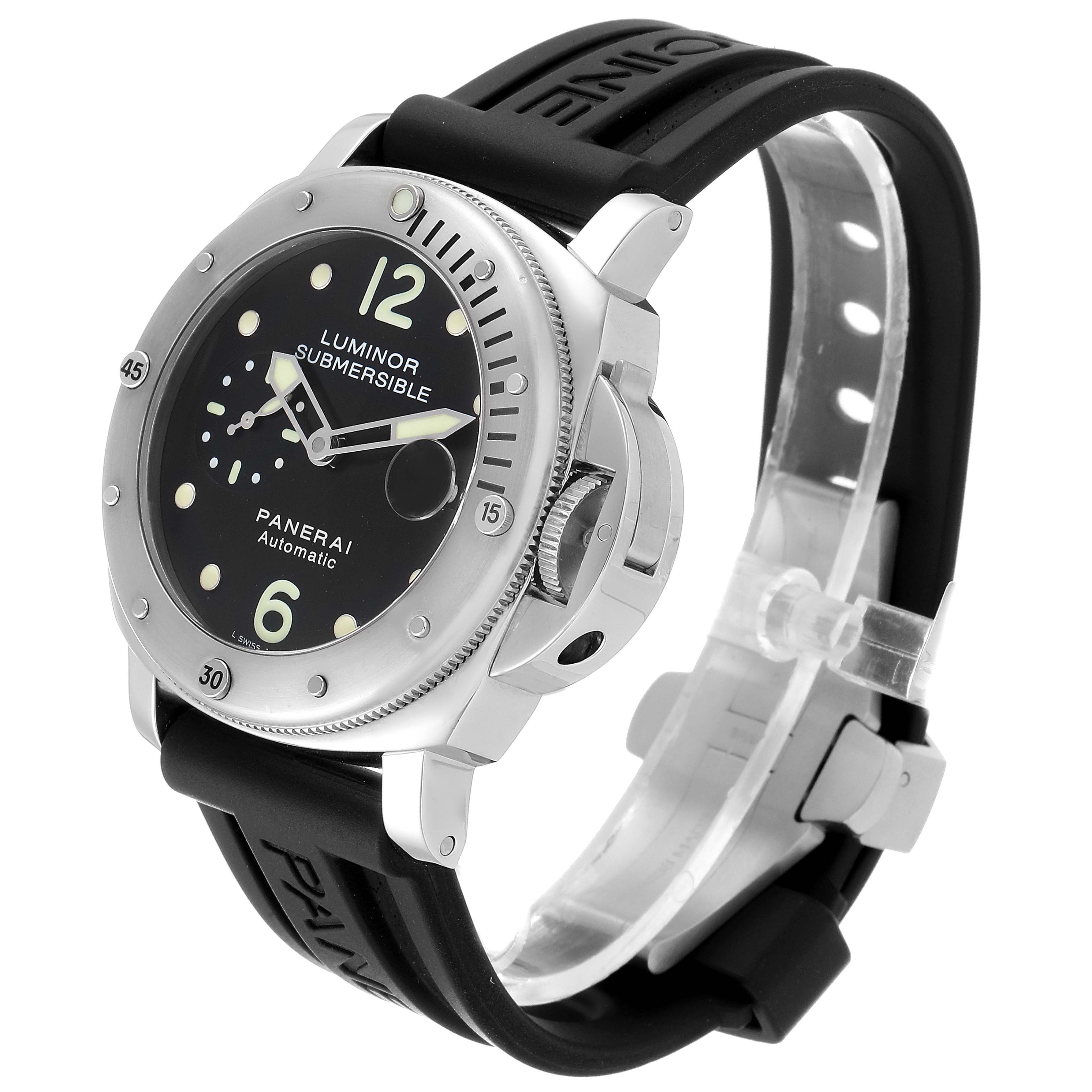 The image shows an angled side view of a Panerai Submersible PAM00024 Men's Stainless Steel Black Dial PAM00024 Men's Stainless Steel Black Dial watch, highlighting its dial, bezel, and black rubber strap.
