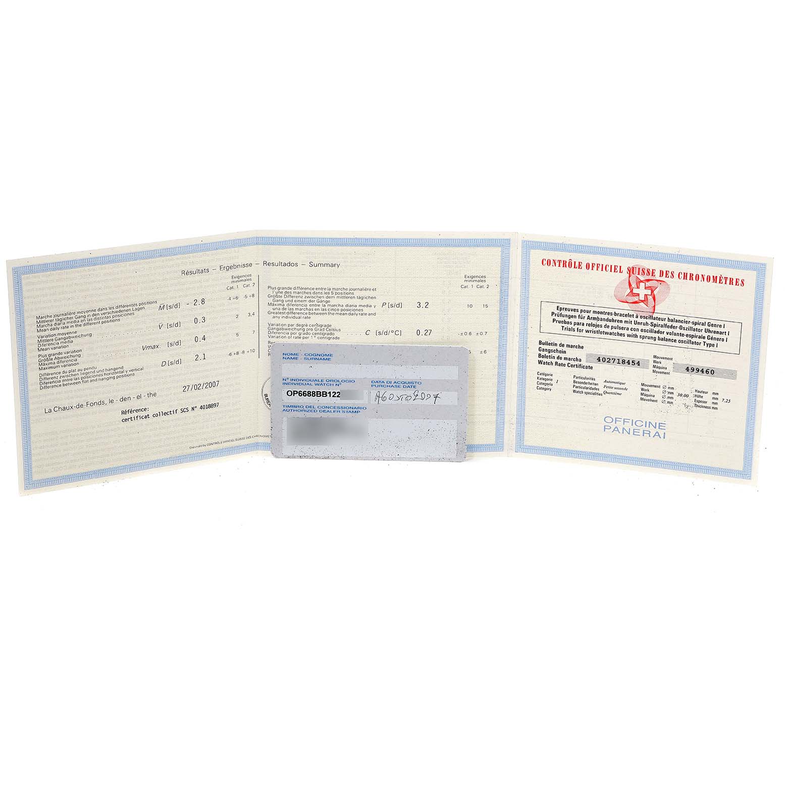 The image shows the certification and documentation for a Panerai Submersible PAM00024 Men's Stainless Steel Black Dial PAM00024 Men's Stainless Steel Black Dial watch, displayed open and flat.