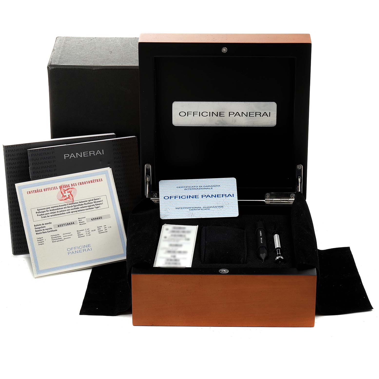 The image shows the Panerai Submersible PAM00024 Men's Stainless Steel Black Dial PAM00024 Men's Stainless Steel Black Dial watch box angled open with accessories and certificates included.