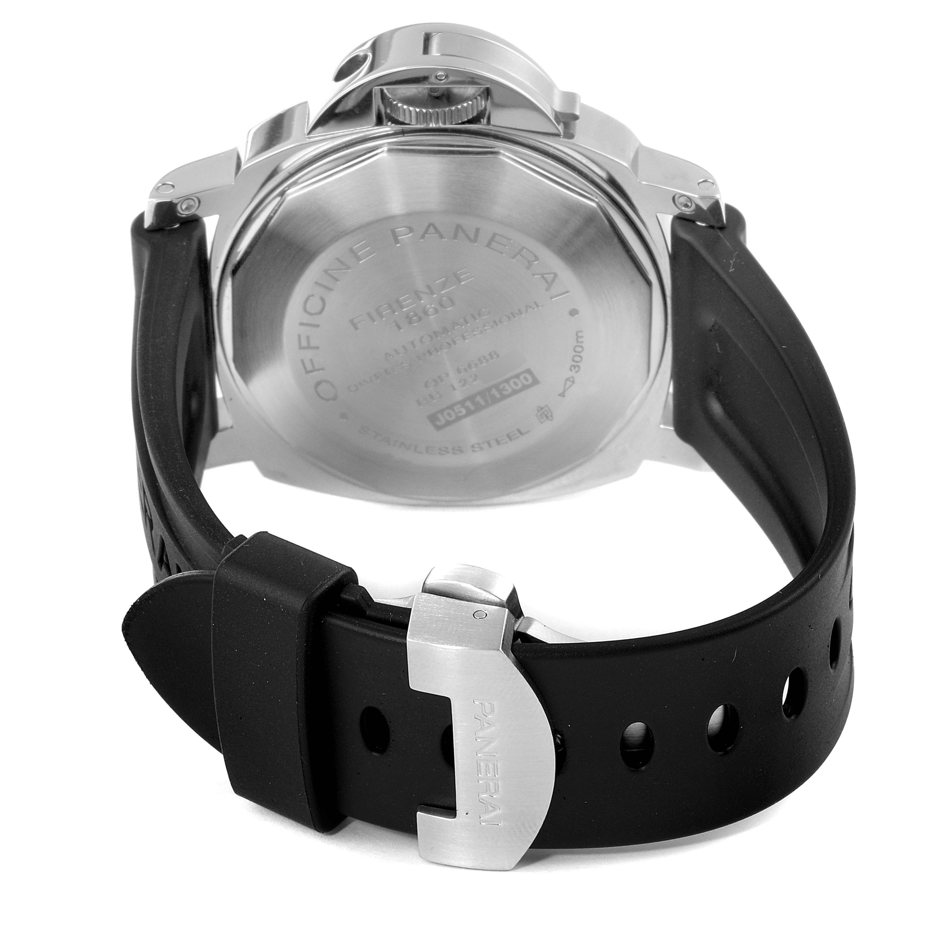 The image shows the back of the Panerai Submersible PAM00024 Men's Stainless Steel Black Dial PAM00024 Men's Stainless Steel Black Dial watch, highlighting the case back and rubber strap with the branded buckle.