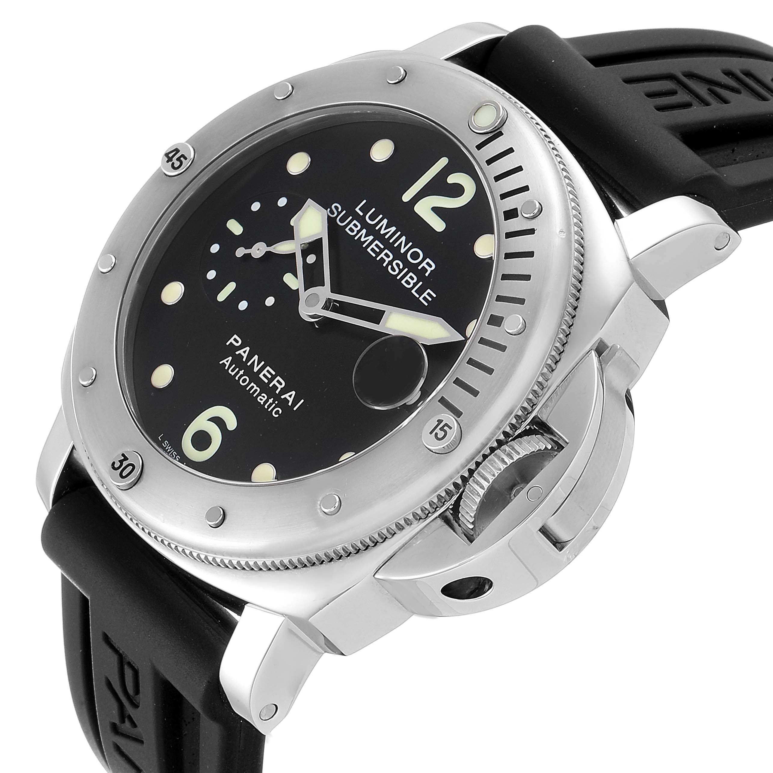 The Panerai Submersible PAM00024 Men's Stainless Steel Black Dial PAM00024 Men's Stainless Steel Black Dial watch is shown at an oblique angle, highlighting the dial, bezel, and crown guard.