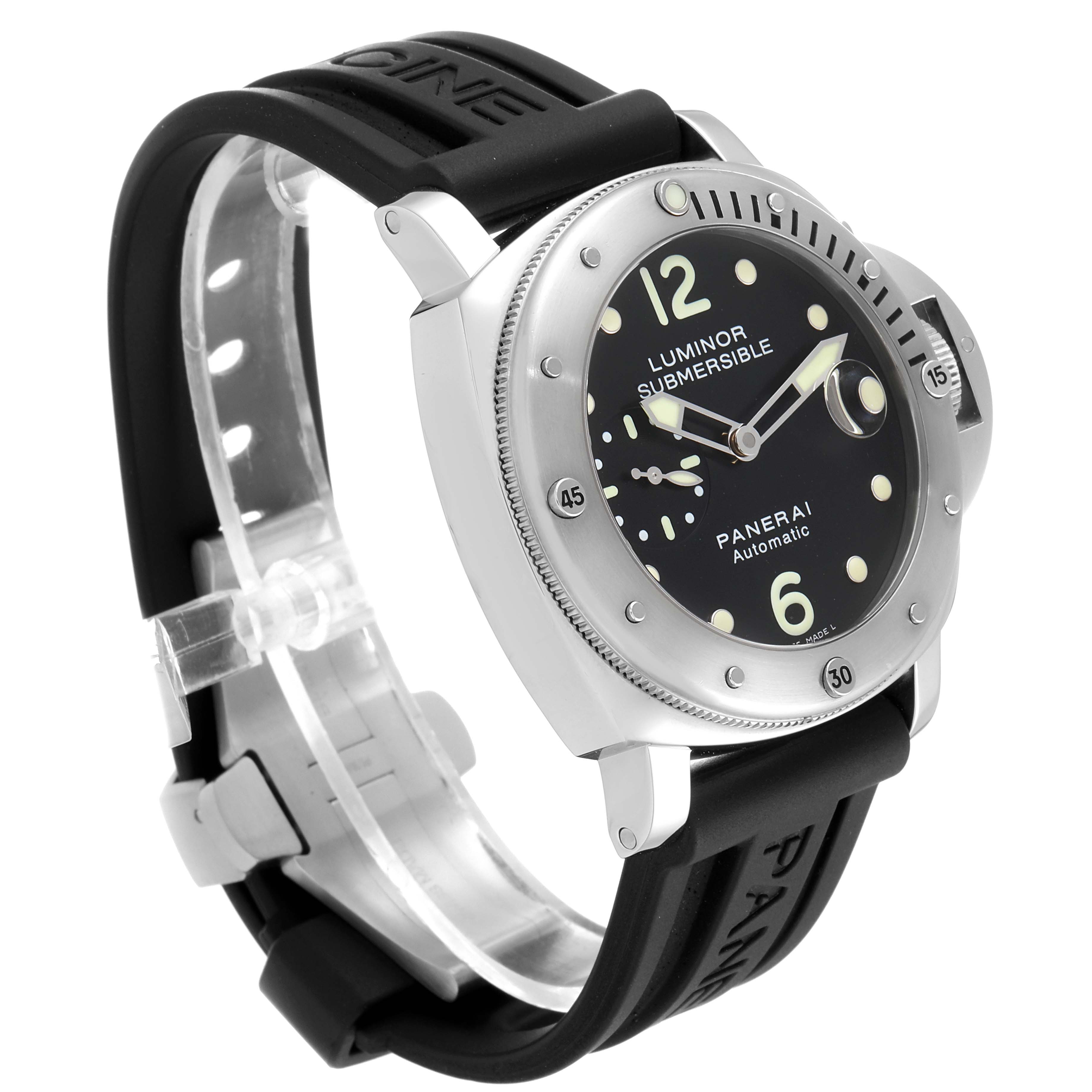 The Panerai Submersible PAM00024 Men's Stainless Steel Black Dial PAM00024 Men's Stainless Steel Black Dial watch is shown at a three-quarter angle, displaying the face, bezel, and rubber strap.