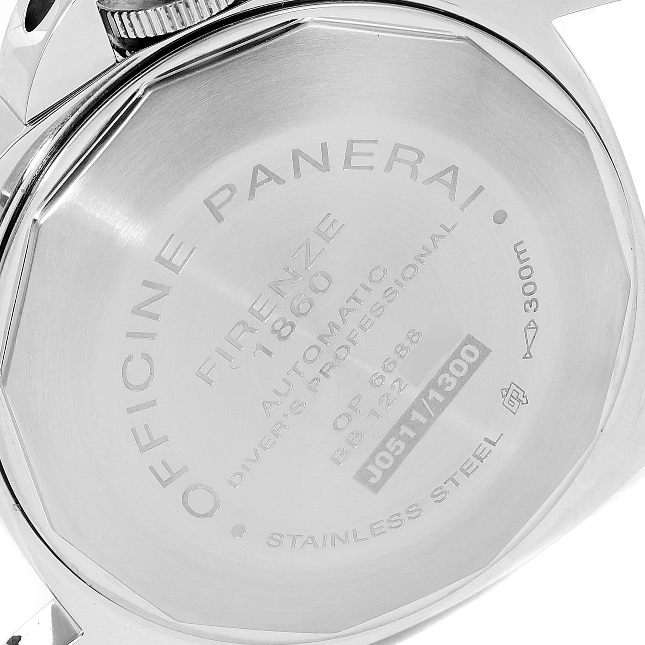 This image shows the case back of a Panerai Submersible PAM00024 Men's Stainless Steel Black Dial PAM00024 Men's Stainless Steel Black Dial watch, detailing its engravings and stainless steel construction.