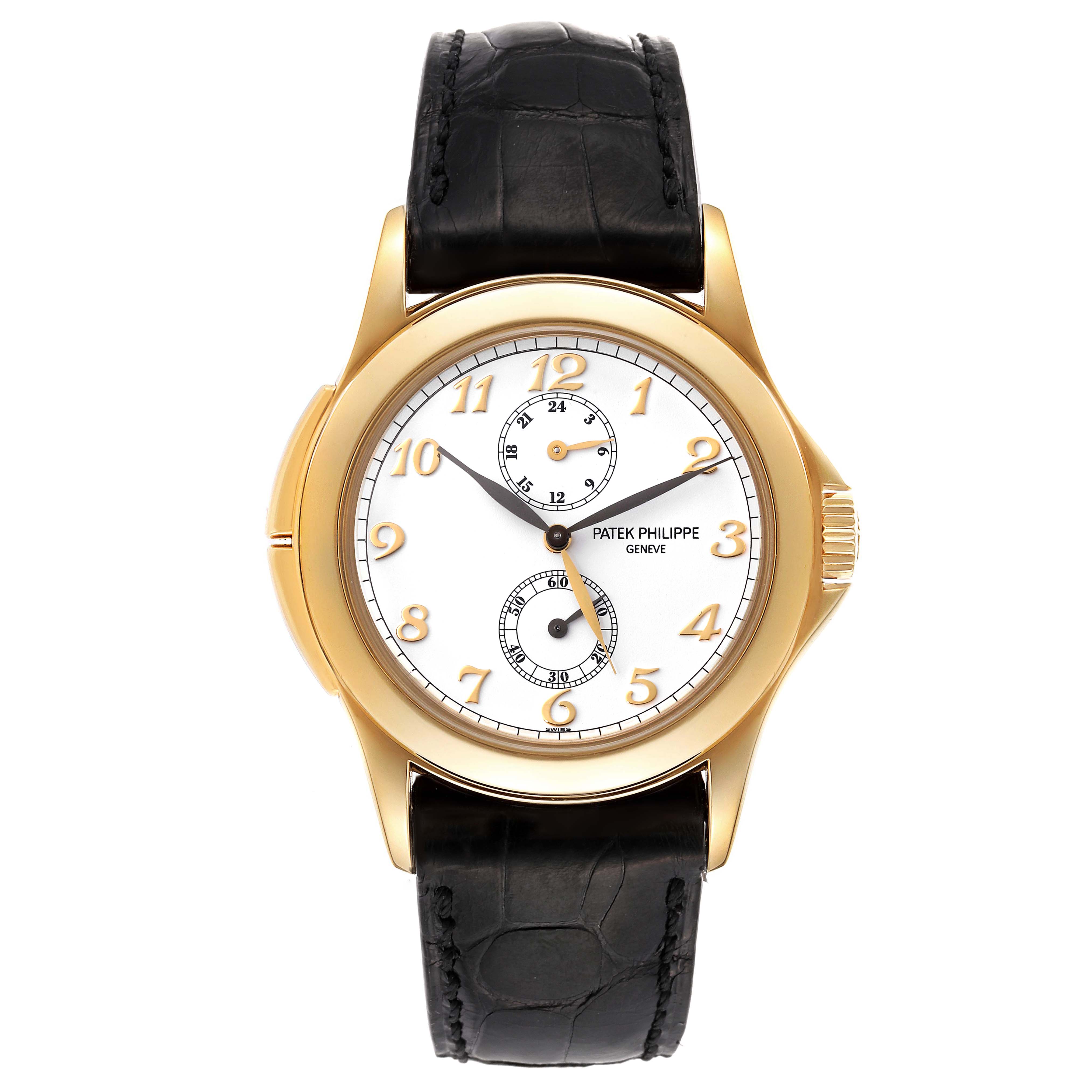 This image shows a front view of the Patek Philippe Calatrava 5134J Men
s Yellow Gold White Dial 5134J Men
s Yellow Gold White Dial watch, displaying its face, bezel, and strap.