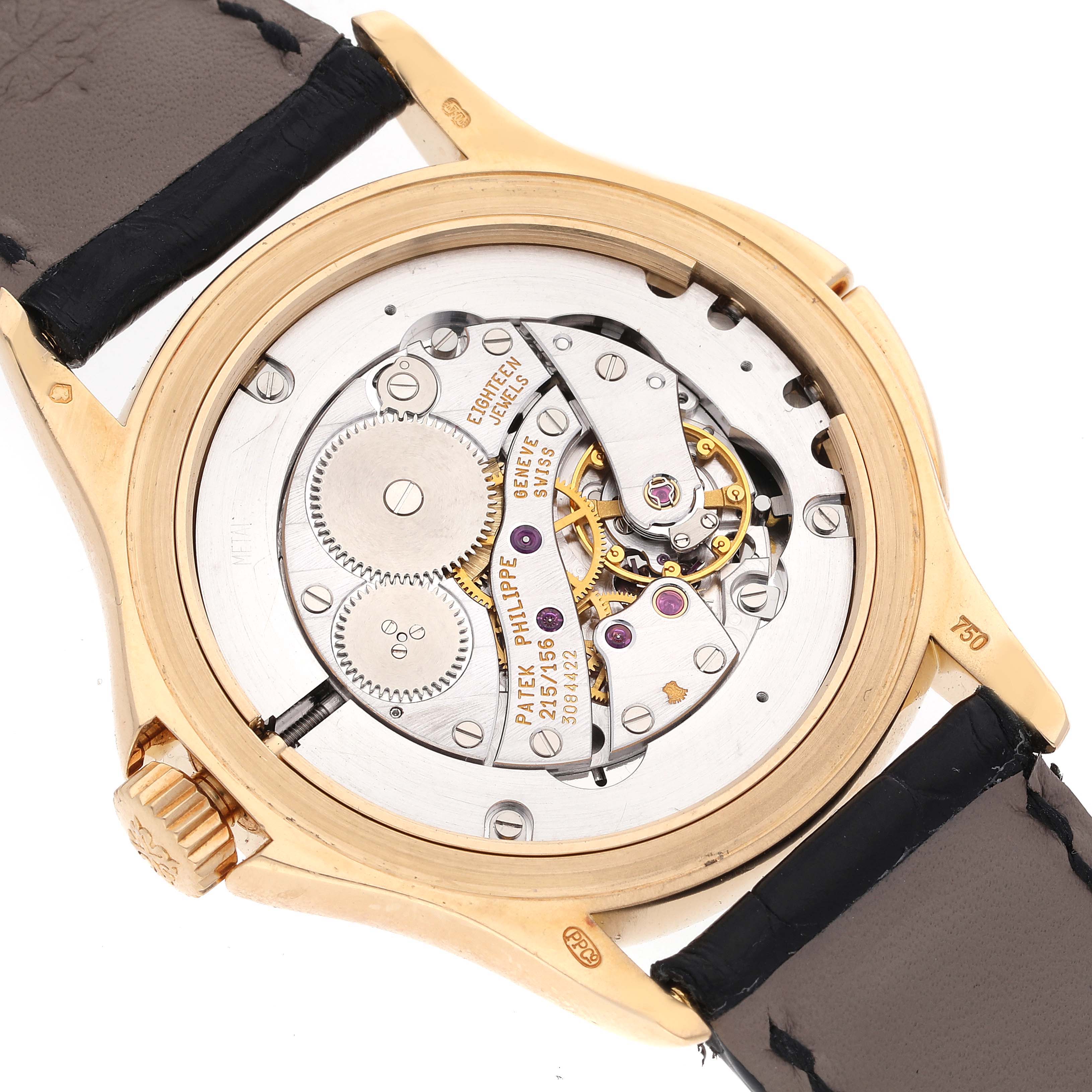 The image shows the back view of the movement and internal mechanics of a Patek Philippe Calatrava 5134J Men
s Yellow Gold White Dial 5134J Men
s Yellow Gold White Dial watch.