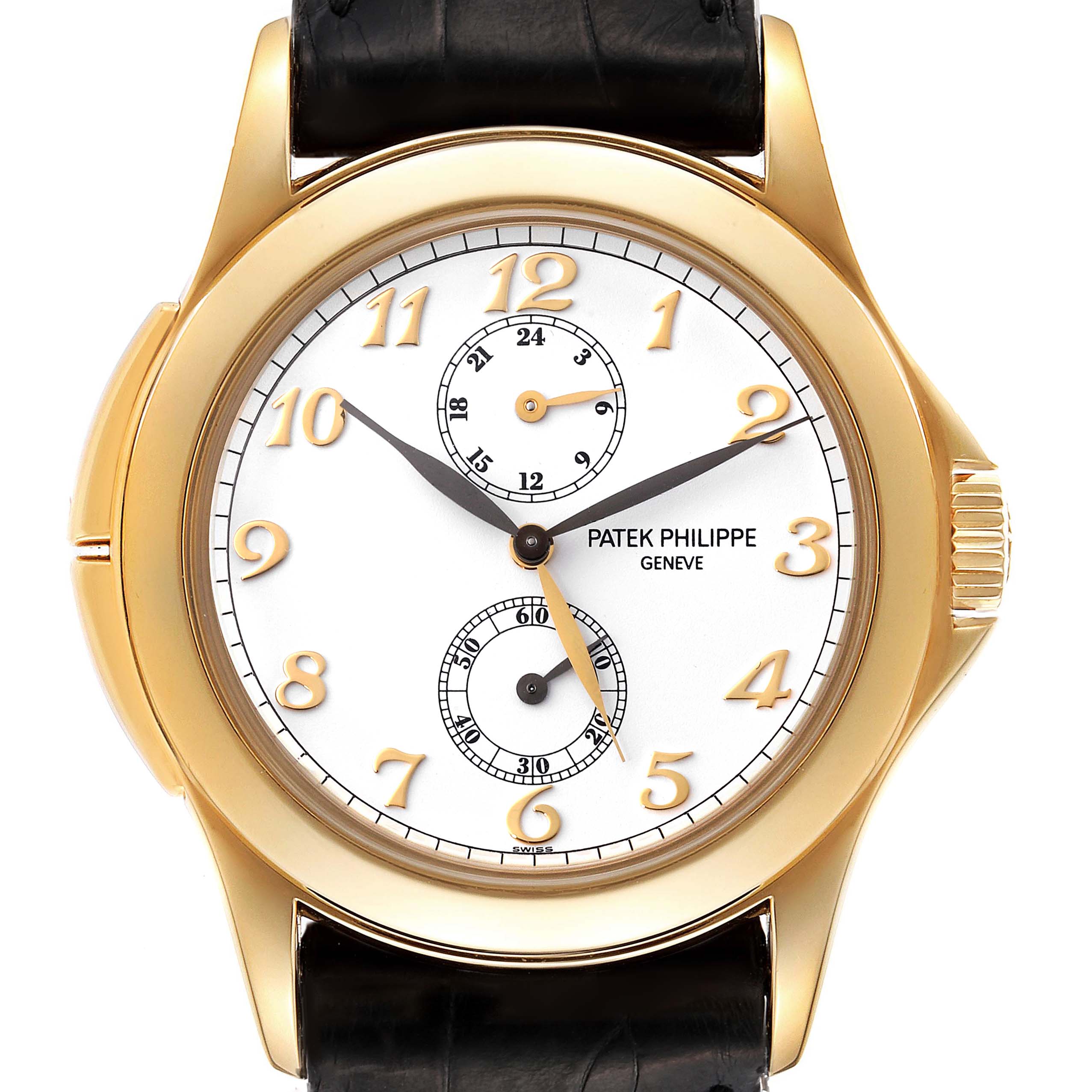 The Patek Philippe Calatrava 5134J Men
s Yellow Gold White Dial 5134J Men
s Yellow Gold White Dial watch is shown from a front angle, featuring a white dial, gold numerals, and a black strap.