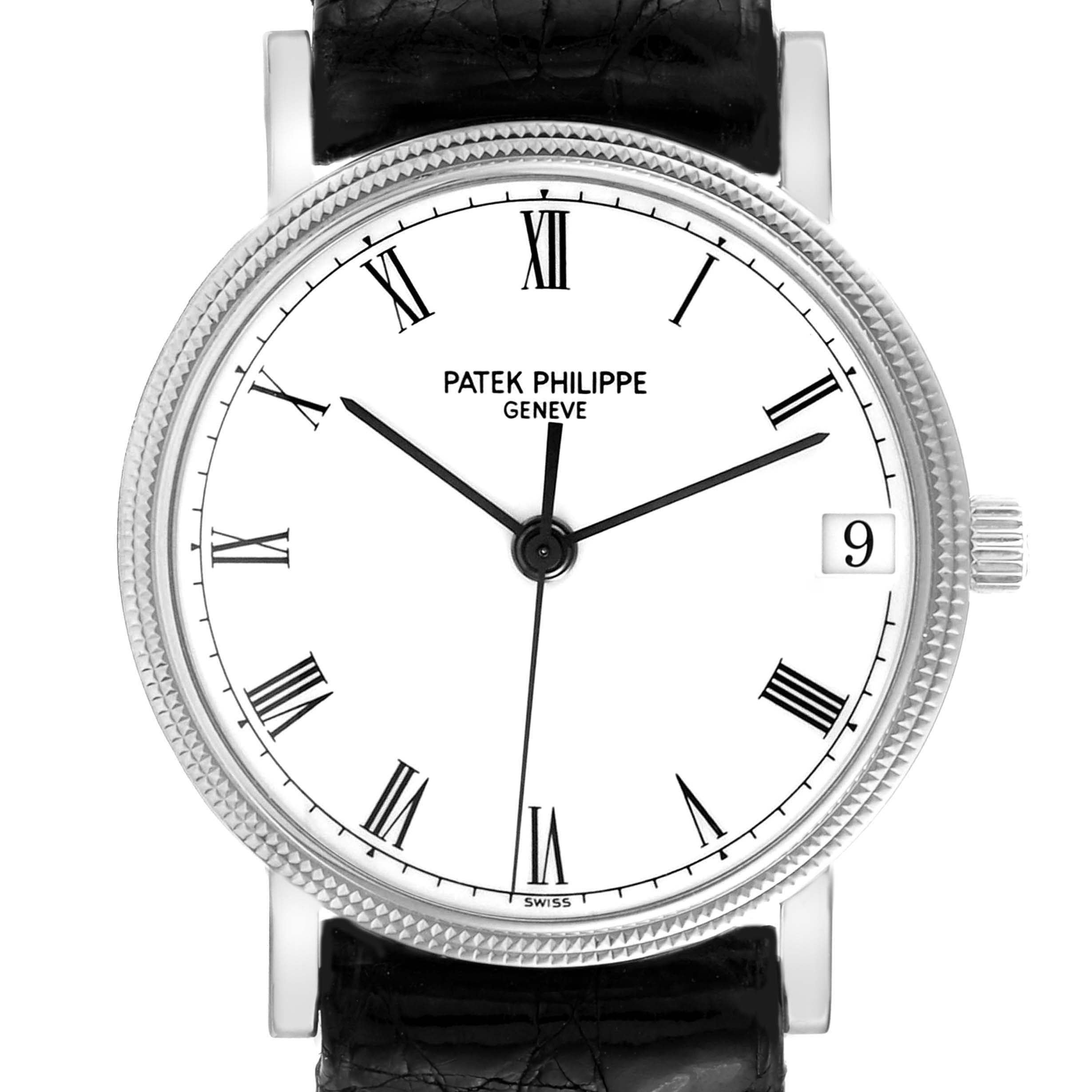 This image shows a front view of a Patek Philippe Calatrava 3802/200 Men
s White Gold White Dial 3802/200 Men
s White Gold White Dial model watch, highlighting the dial, hands, crown, and part of the strap.