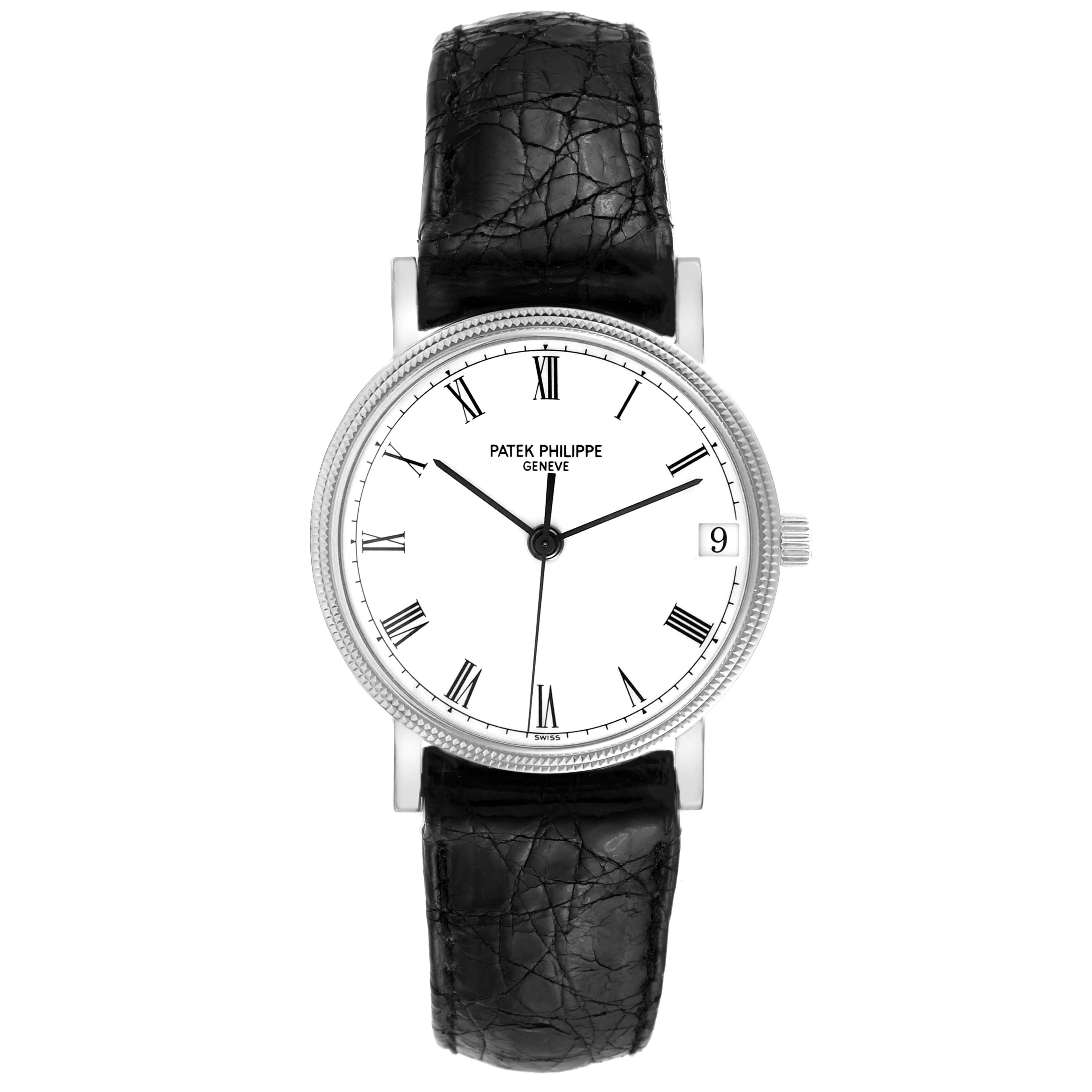 The image shows a front view of the Patek Philippe Calatrava 3802/200 Men
s White Gold White Dial 3802/200 Men
s White Gold White Dial watch, featuring its dial, hands, crown, and black leather strap.