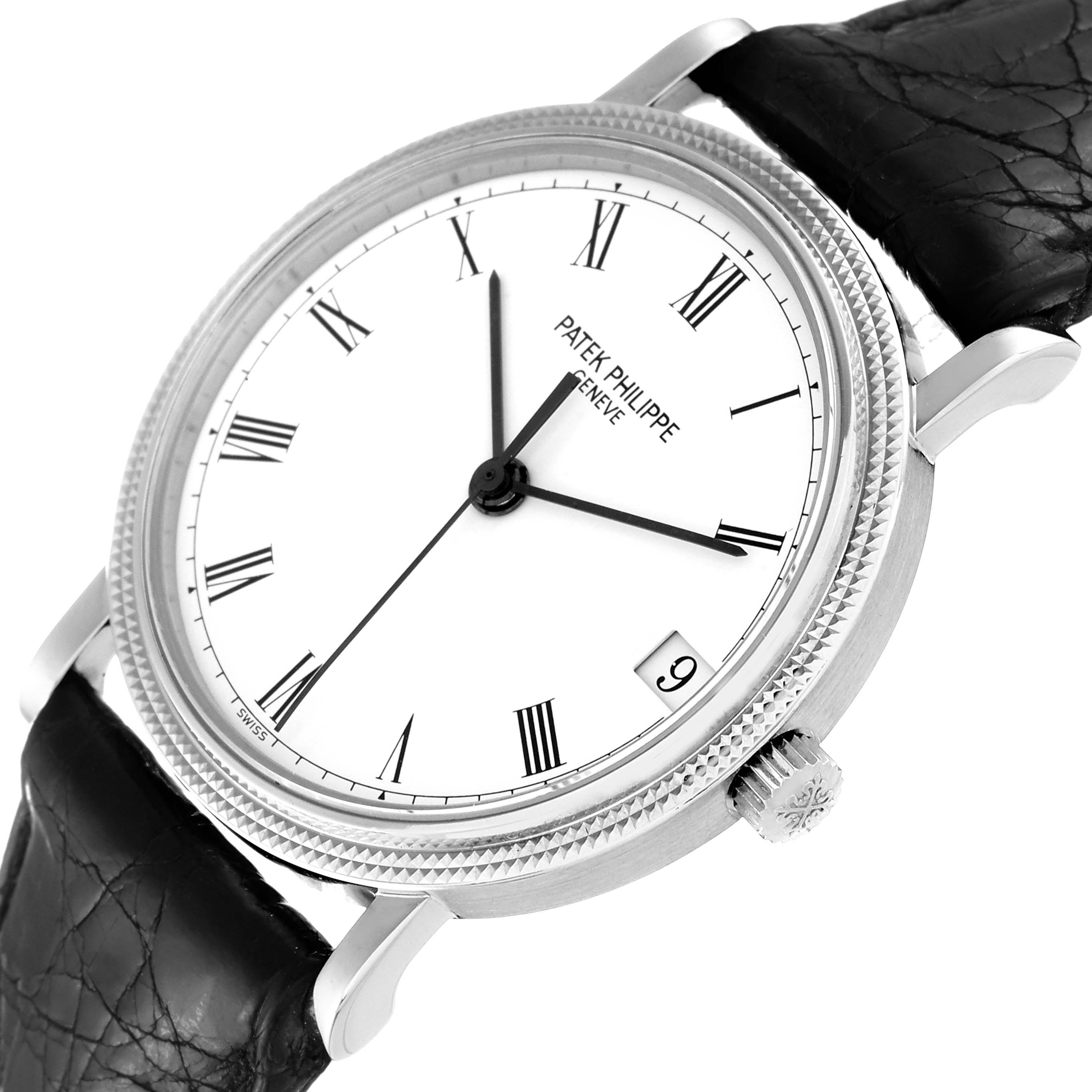 The image shows a close-up angled view of the Patek Philippe Calatrava 3802/200 Men
s White Gold White Dial 3802/200 Men
s White Gold White Dial watch, highlighting its face, bezel, crown, and black leather strap.
