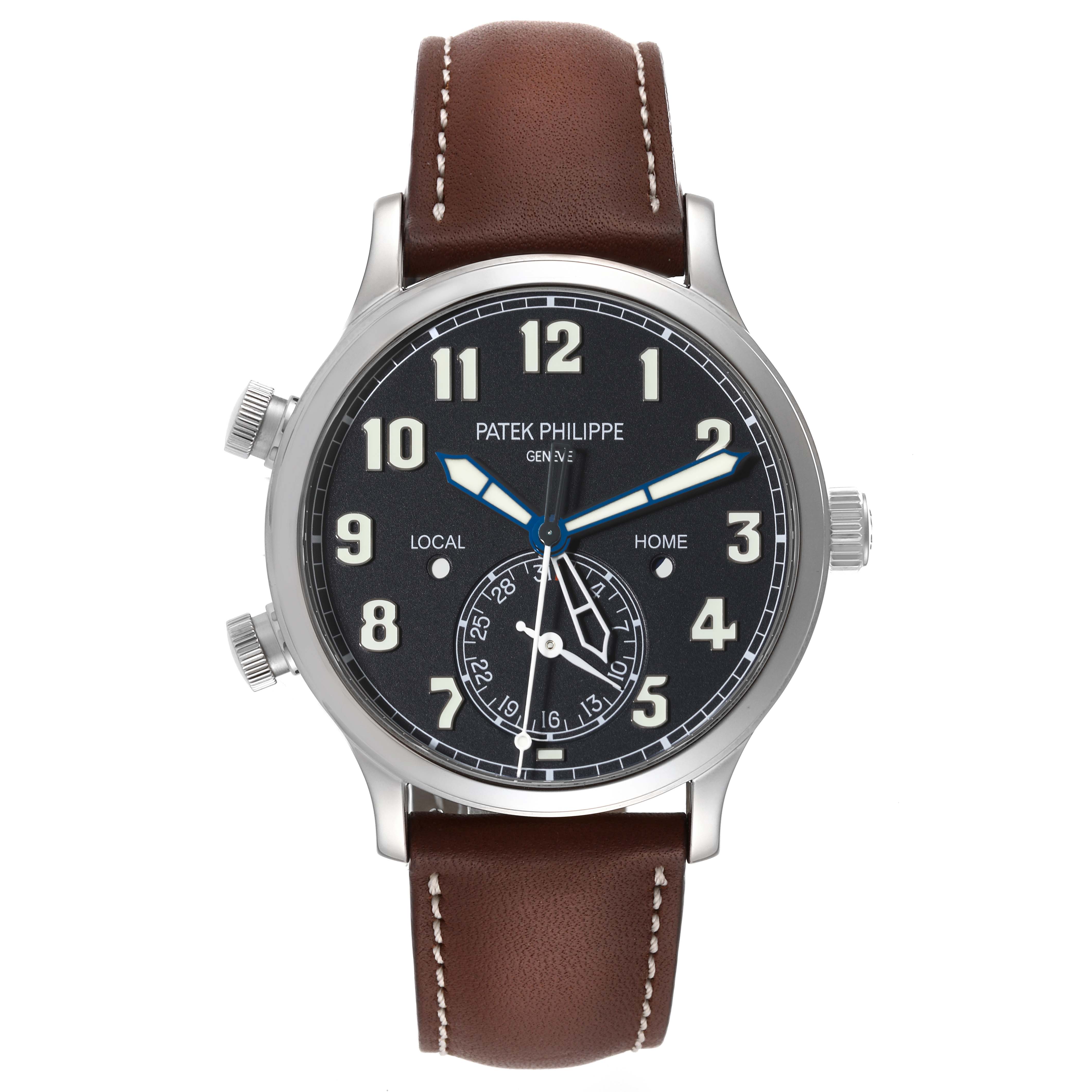 The image shows a front view of the Patek Philippe Calatrava 5524G-001 Men's White Gold Black Dial 5524G-001 Men's White Gold Black Dial model watch with a brown leather strap and multiple dials.