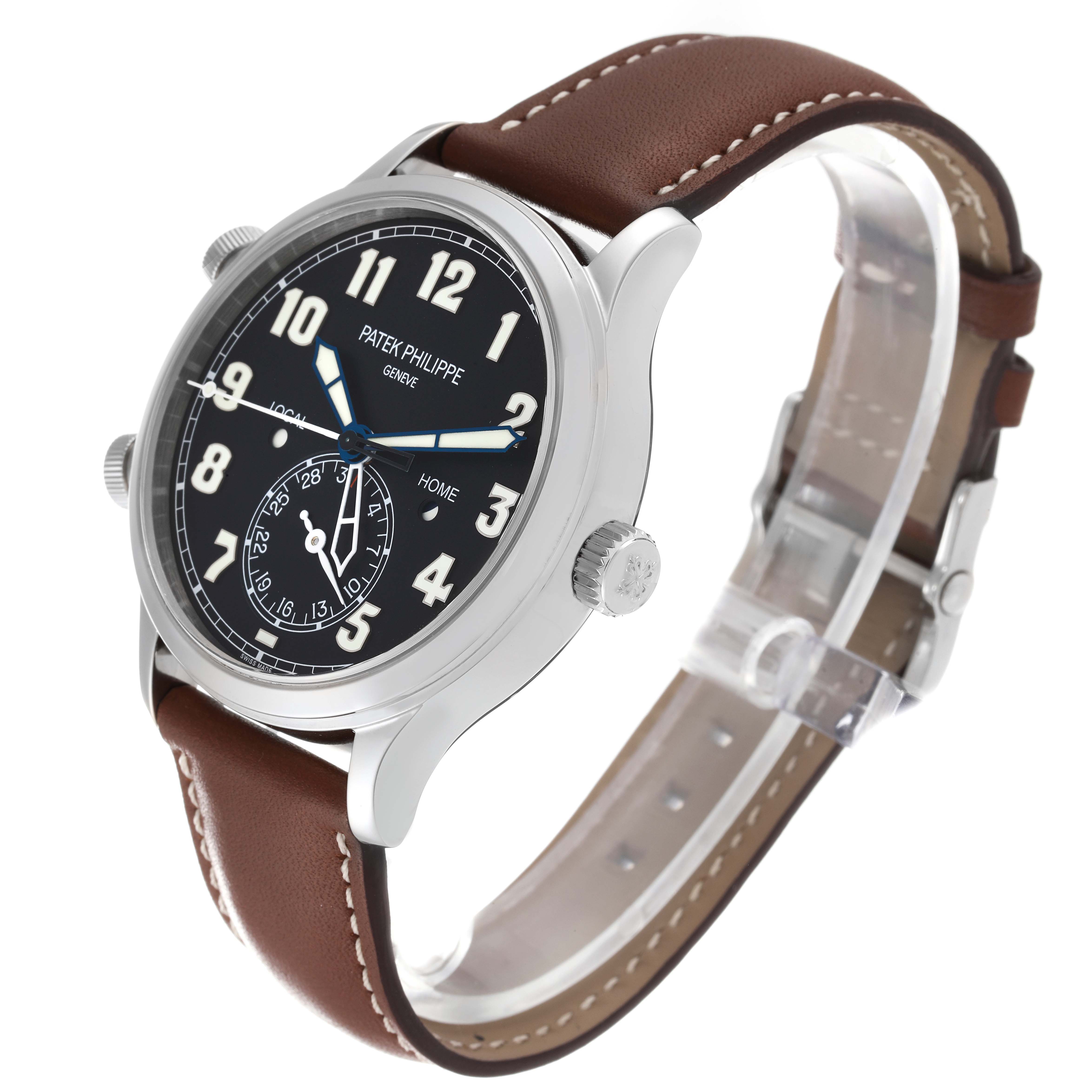 The image shows a Patek Philippe Calatrava 5524G-001 Men's White Gold Black Dial 5524G-001 Men's White Gold Black Dial watch at a three-quarter angle, highlighting its brown leather strap, black dial, and metal case.