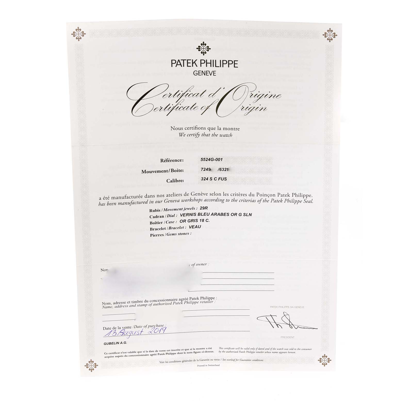 The image shows a Certificate of Origin for the Patek Philippe Calatrava 5524G-001 Men's White Gold Black Dial 5524G-001 Men's White Gold Black Dial, detailing specifications and verification.