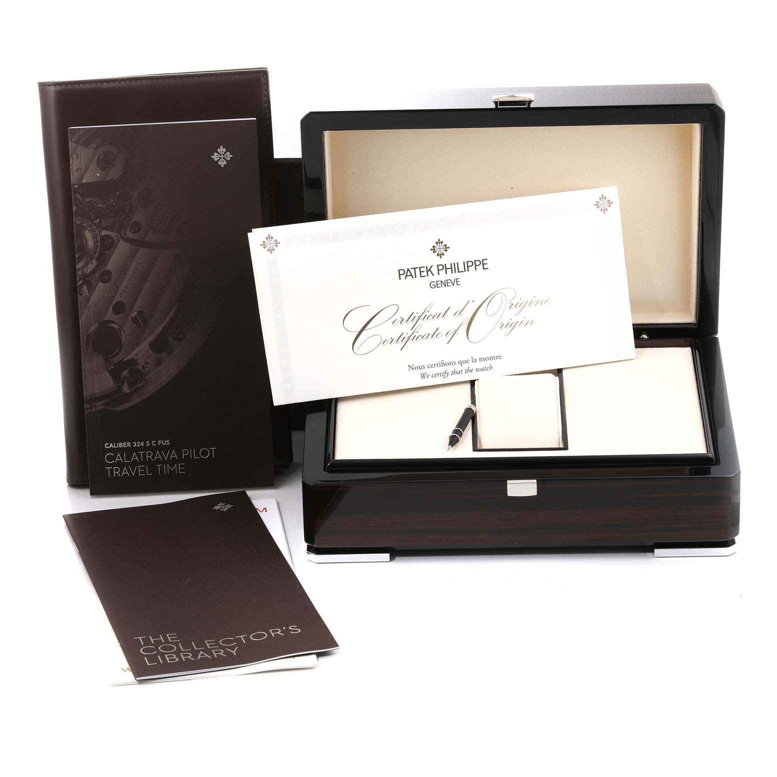 The image shows the box, instruction manual, and certificate of origin for the Patek Philippe Calatrava 5524G-001 Men's White Gold Black Dial 5524G-001 Men's White Gold Black Dial model watch.