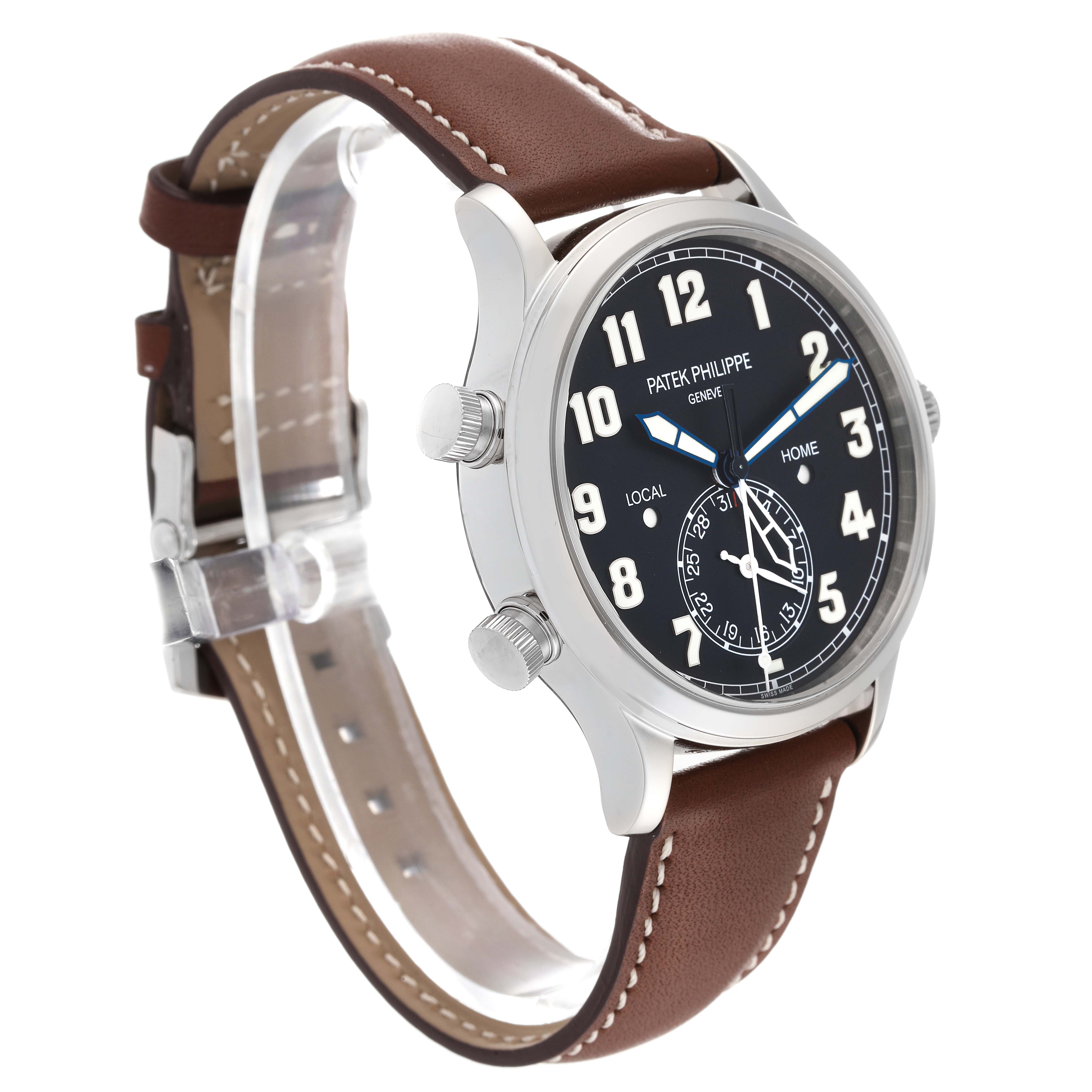 The image shows a side-angle view of the Patek Philippe Calatrava 5524G-001 Men's White Gold Black Dial 5524G-001 Men's White Gold Black Dial watch, highlighting its case, dial, and brown leather strap.