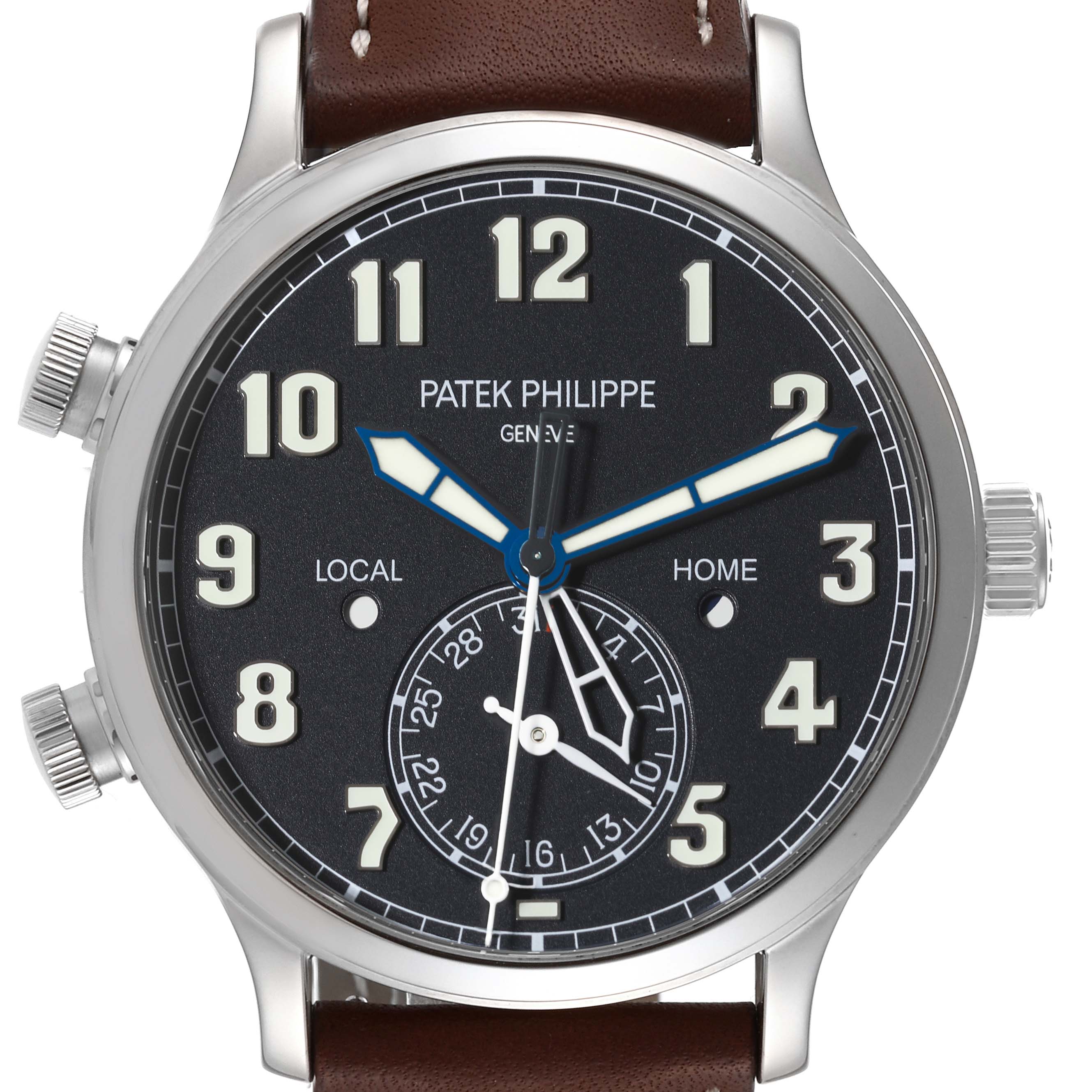 The image shows a front view of a Patek Philippe Calatrava 5524G-001 Men's White Gold Black Dial 5524G-001 Men's White Gold Black Dial watch with a brown leather strap and black dial.