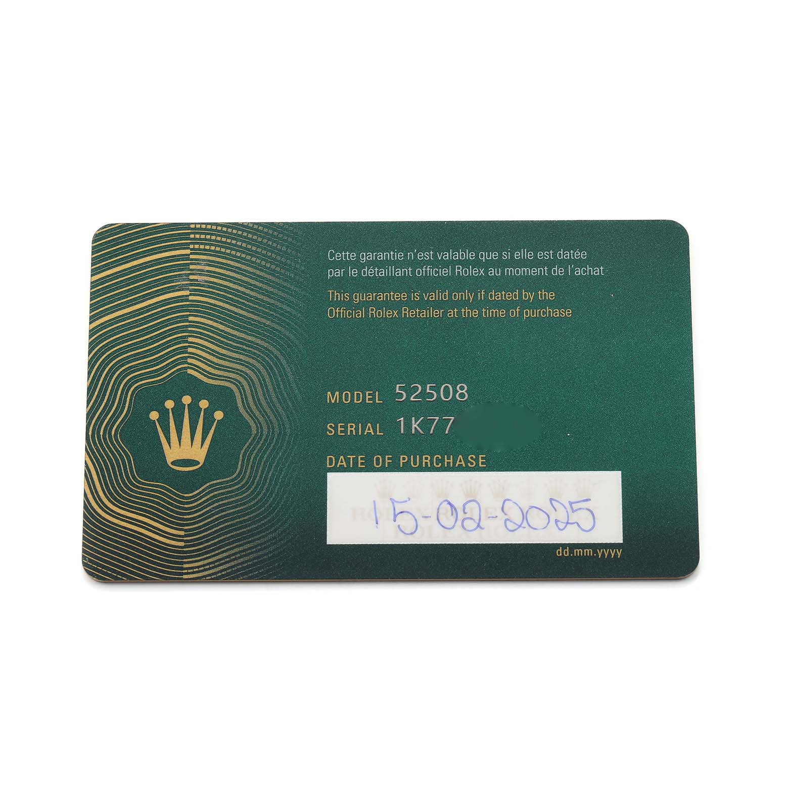 The image shows a green warranty card for the Rolex 1908 52508 Men's Yellow Gold Black Dial model with model and serial numbers.