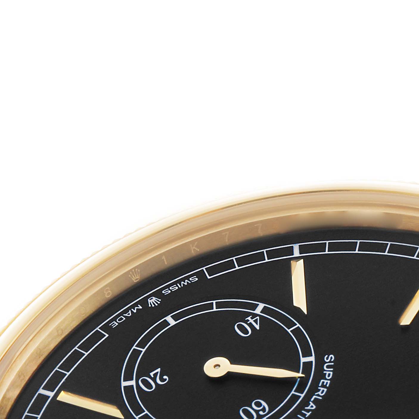 The image shows a close-up of the dial and bezel of the Rolex 1908 52508 Men's Yellow Gold Black Dial watch, focusing on the subdial and hour markers.