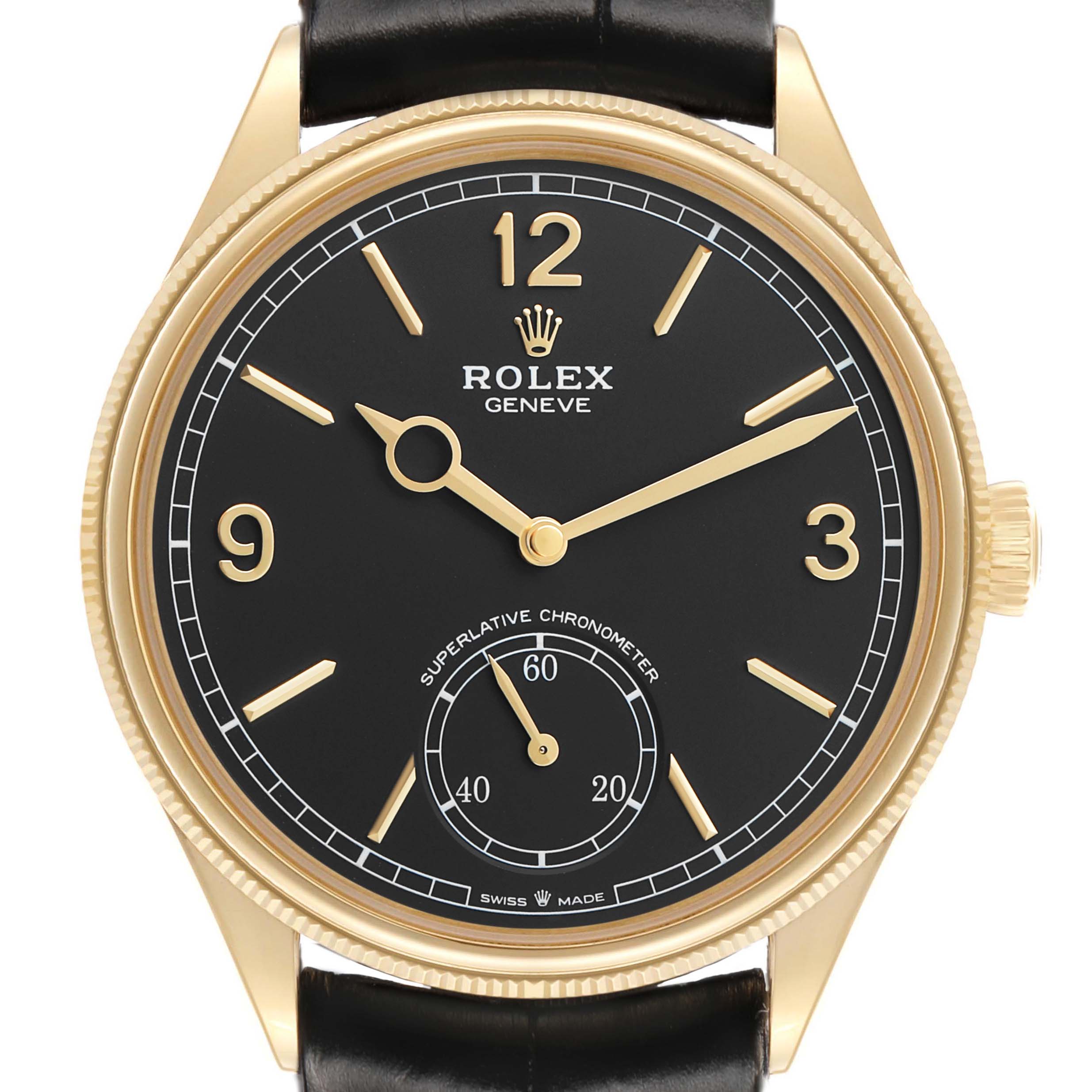 The Rolex 1908 52508 Men's Yellow Gold Black Dial watch is shown from the front, highlighting its black dial, gold hands, and numerals, with a leather strap.