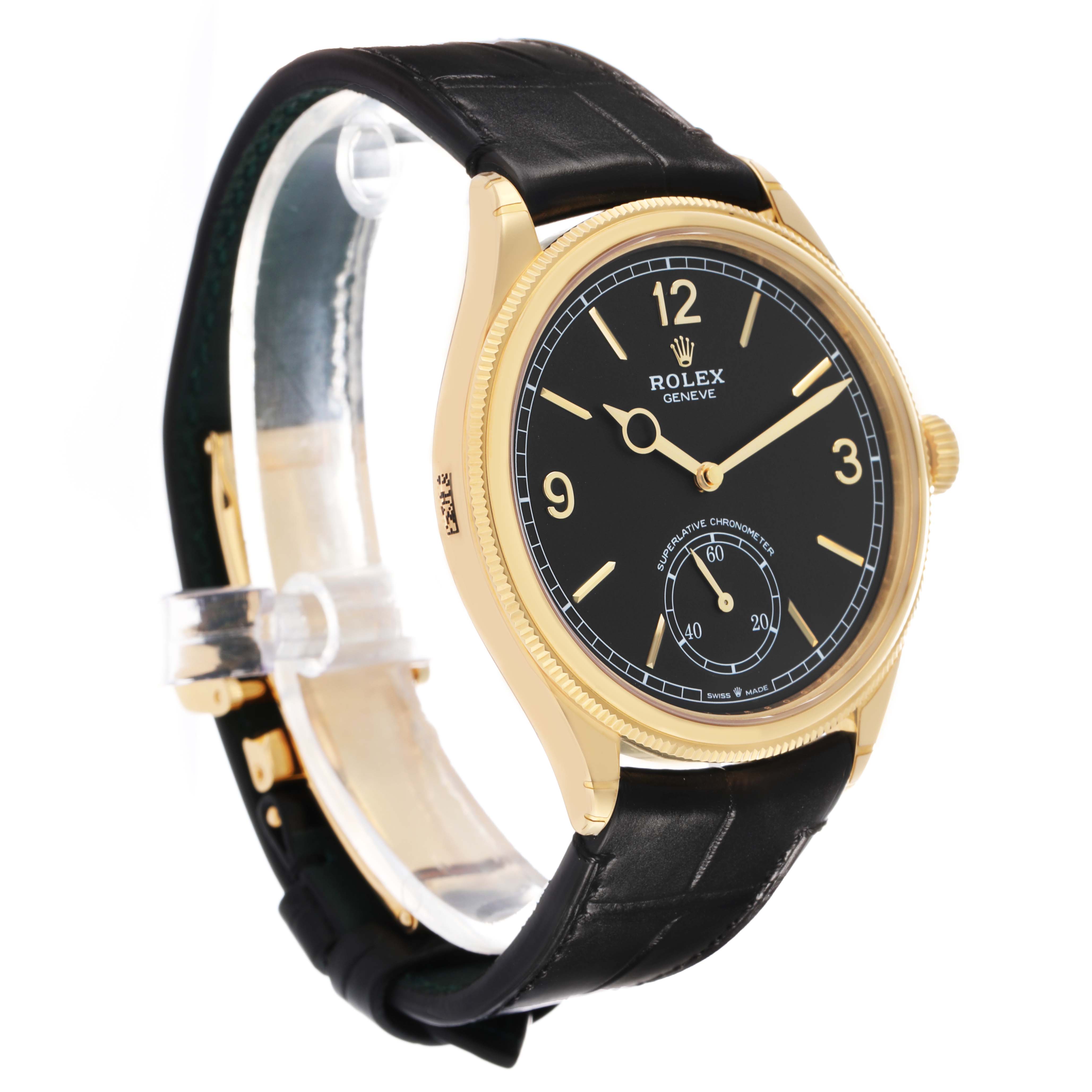 The Rolex 1908 52508 Men's Yellow Gold Black Dial watch is shown at an angled side view, highlighting its gold case, black dial, and leather strap.