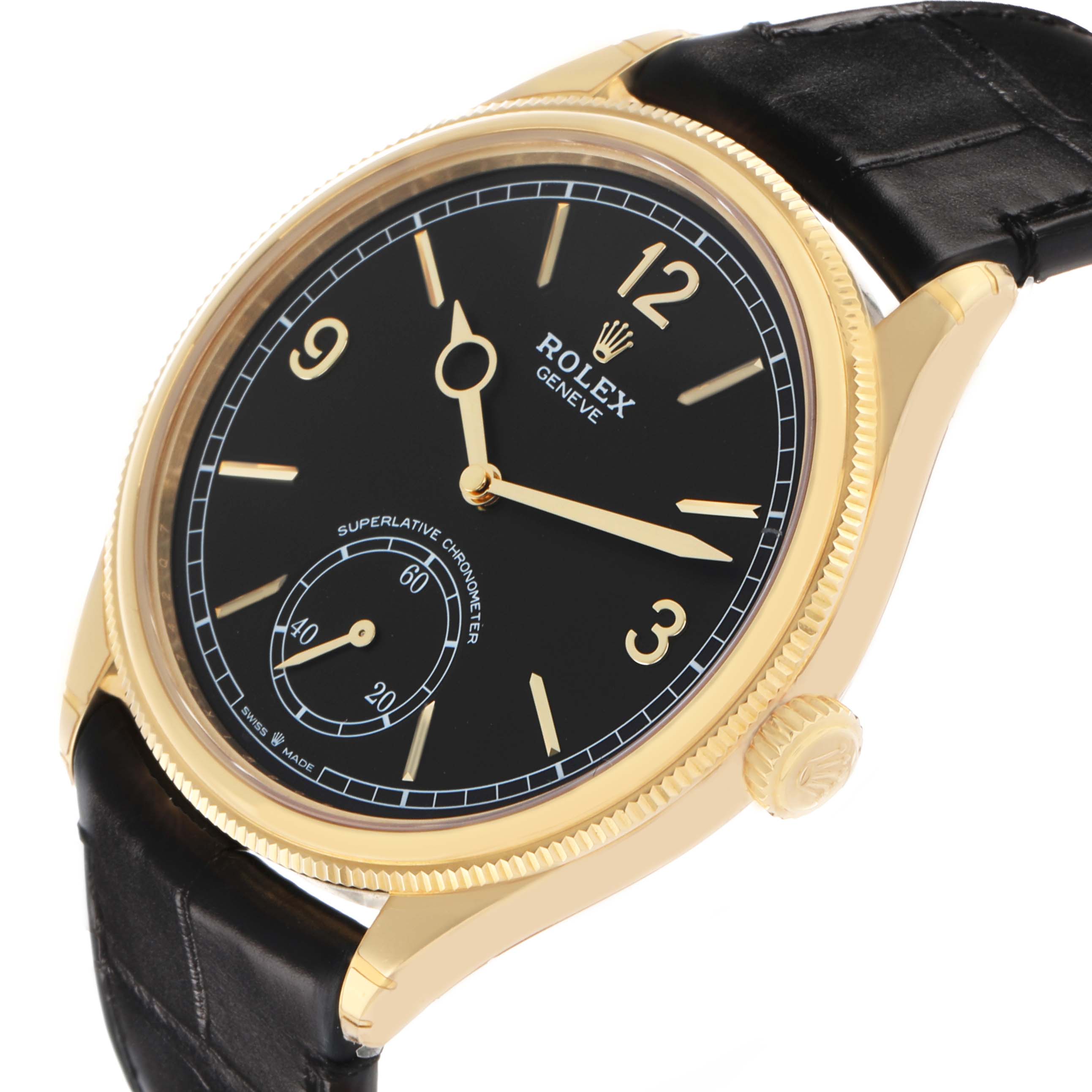 The Rolex 1908 52508 Men's Yellow Gold Black Dial watch is shown at a slight angle, displaying its black dial, gold case, crown, and leather strap.