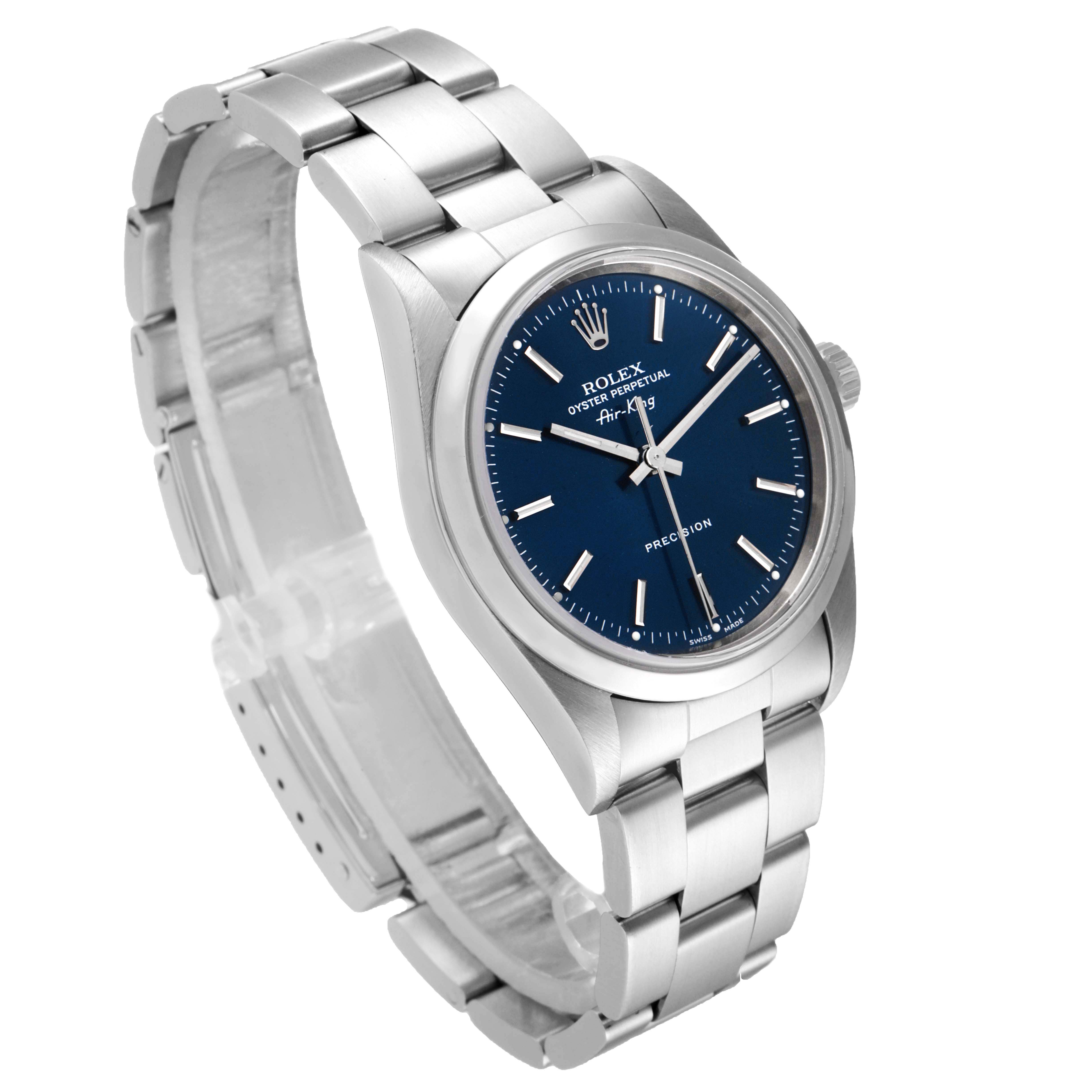 The image shows a Rolex Air-King 14000 Men's Stainless Steel Blue Dial 14000 Men's Stainless Steel Blue Dial watch at a three-quarter angle, featuring the bracelet, case, dial, and crown.