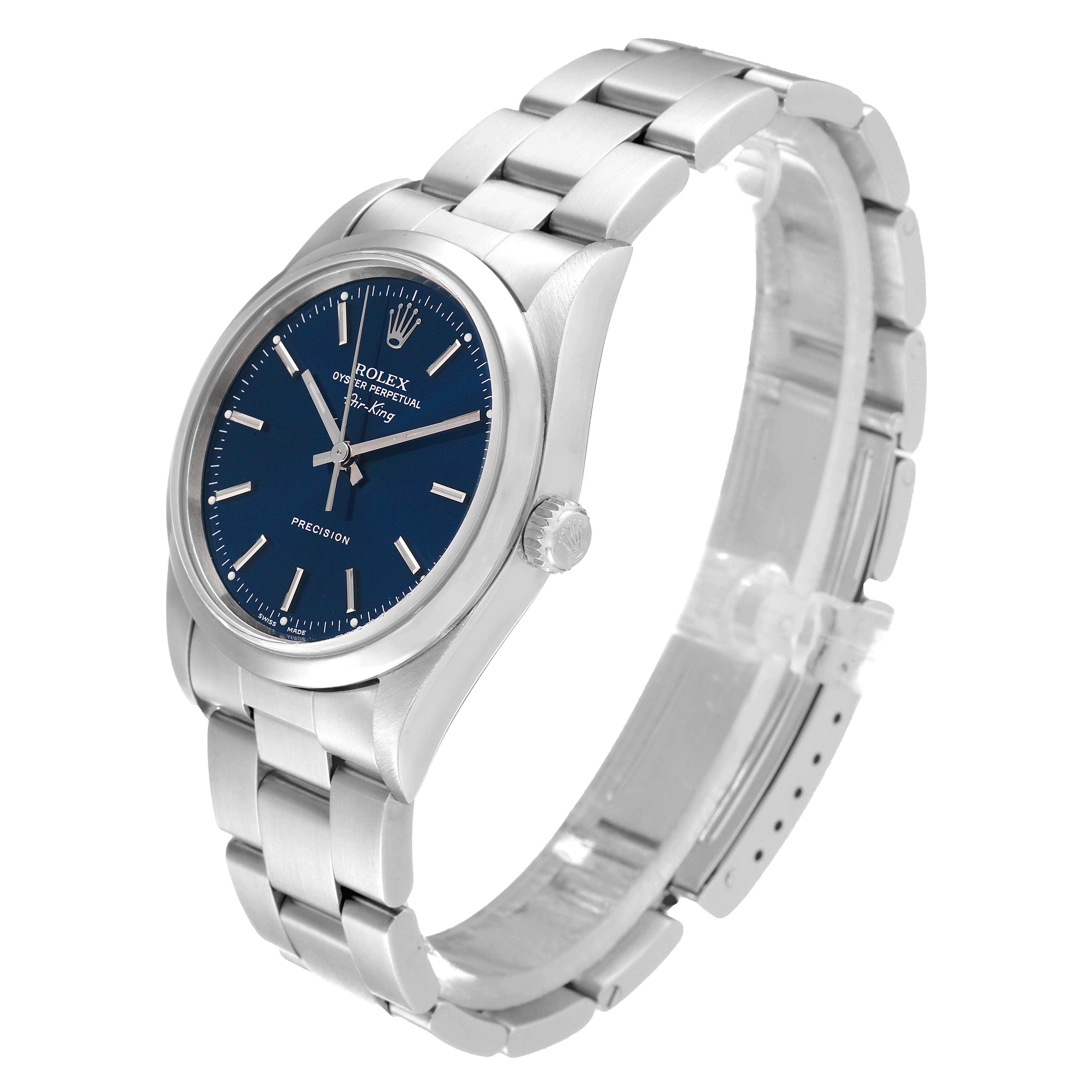 The Rolex Air-King 14000 Men's Stainless Steel Blue Dial 14000 Men's Stainless Steel Blue Dial watch is shown at a slight angle, displaying the face, bezel, crown, and part of the bracelet.