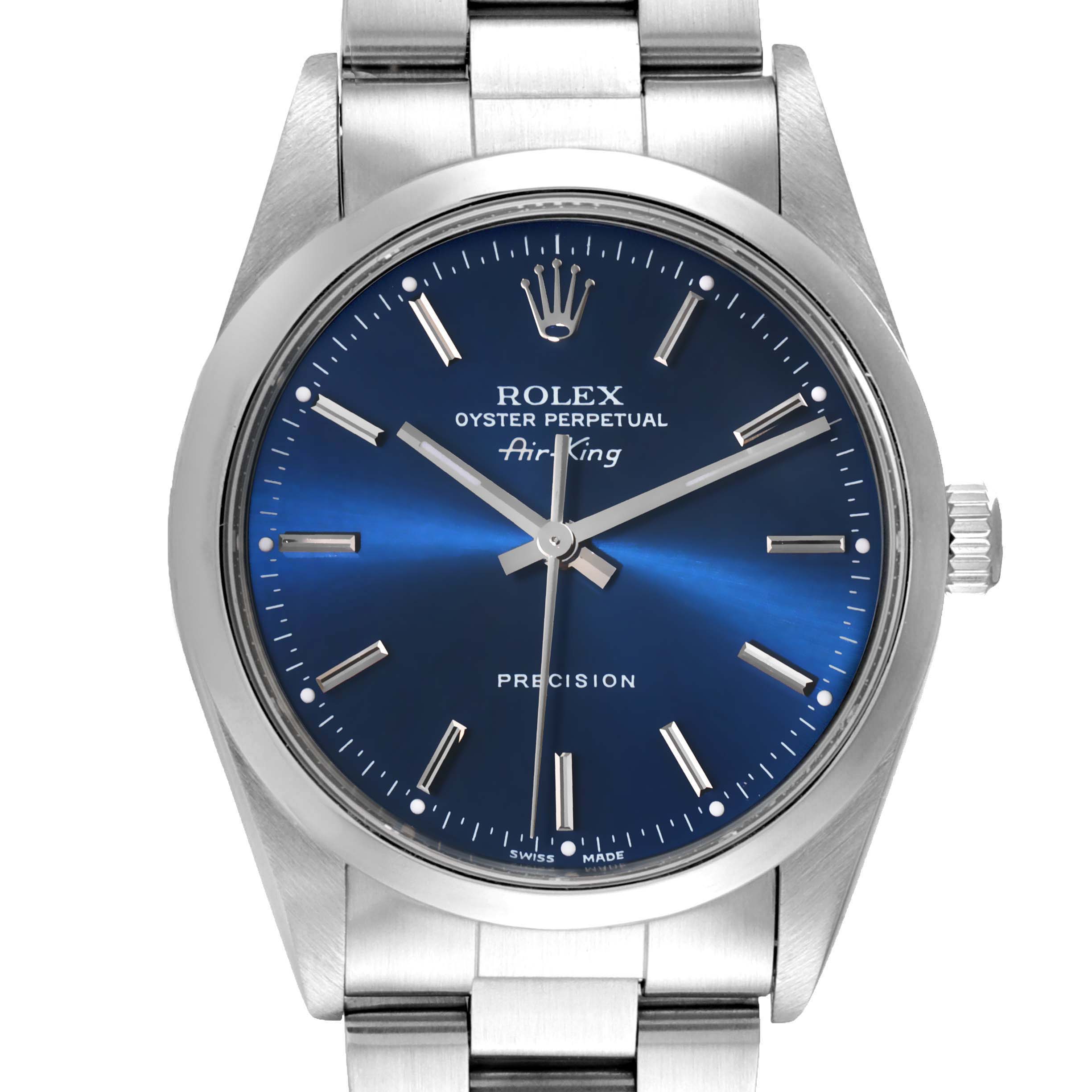 The image shows a close-up of the Rolex Air-King 14000 Men's Stainless Steel Blue Dial 14000 Men's Stainless Steel Blue Dial watch, highlighting the dial, hands, crown, and part of the bracelet.