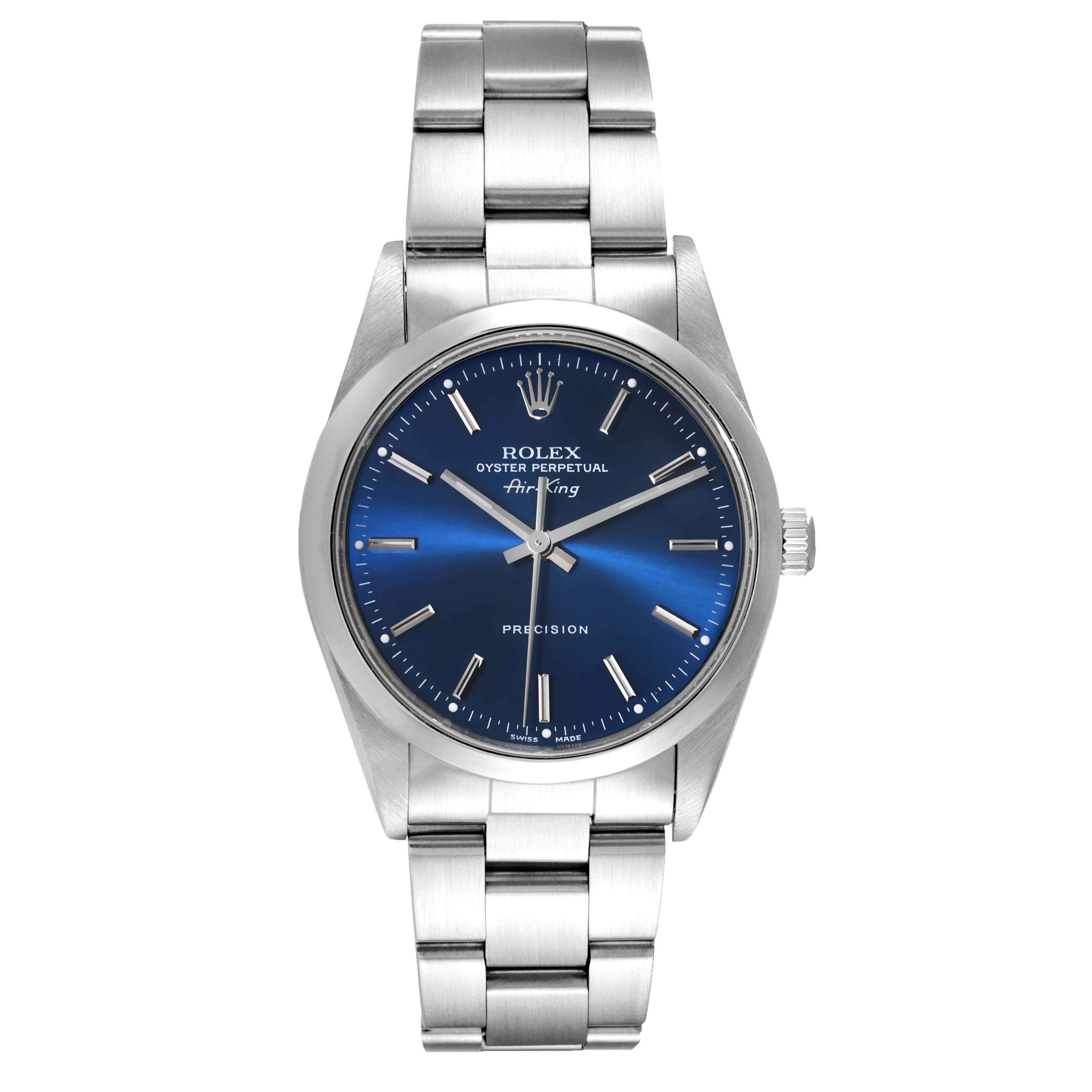 The image shows a front view of a Rolex Air-King 14000 Men's Stainless Steel Blue Dial 14000 Men's Stainless Steel Blue Dial watch with a blue face and stainless steel bracelet.