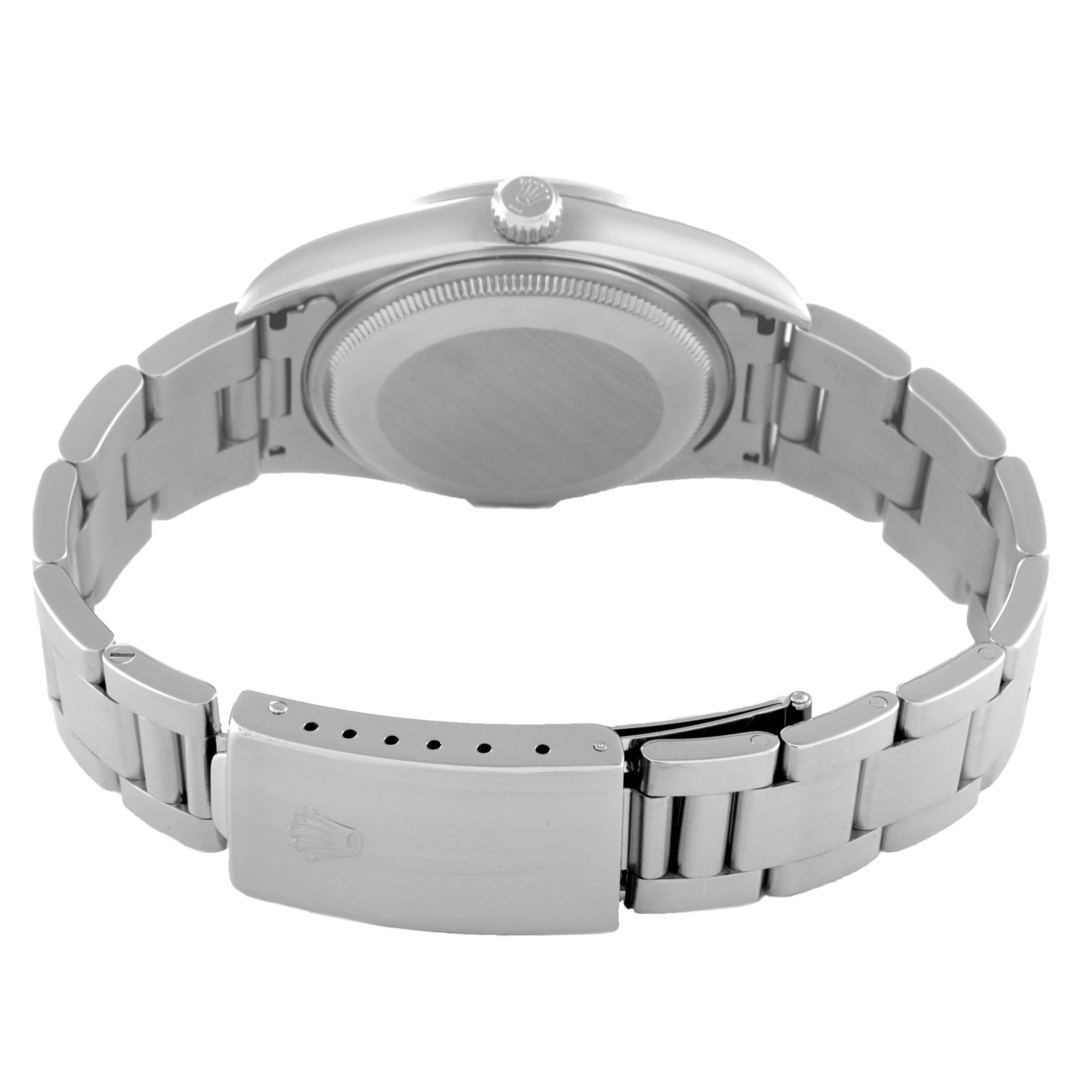 The image shows the back and bracelet of a Rolex Air-King 14000 Men's Stainless Steel Blue Dial 14000 Men's Stainless Steel Blue Dial watch, highlighting the clasp and caseback.