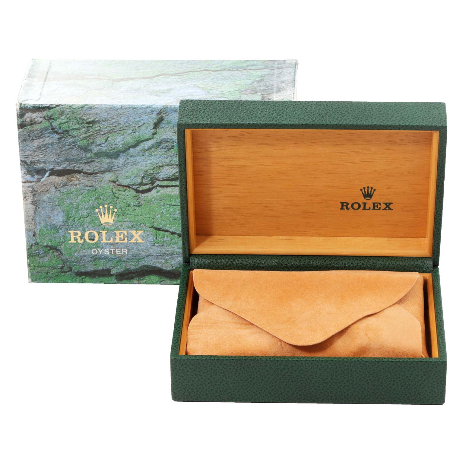 A green Rolex Air-King 14000 Men's Stainless Steel Blue Dial 14000 Men's Stainless Steel Blue Dial box is open, revealing a tan suede pouch inside, with the outer box in the background.
