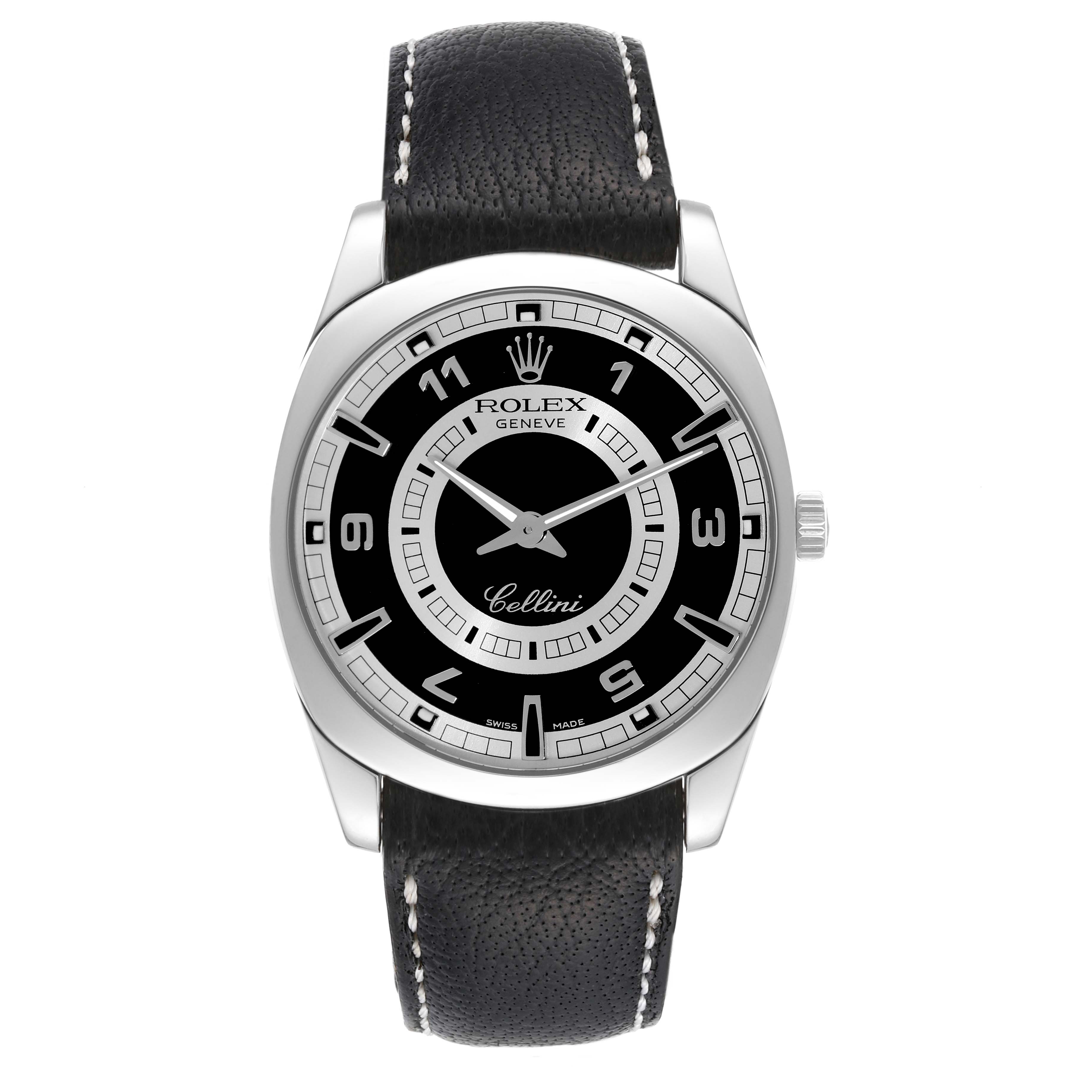 This image shows a front view of a Rolex Cellini 4243 Men's White Gold Black Dial 4243 Men's White Gold Black Dial watch, highlighting its dial, case, and black leather strap.