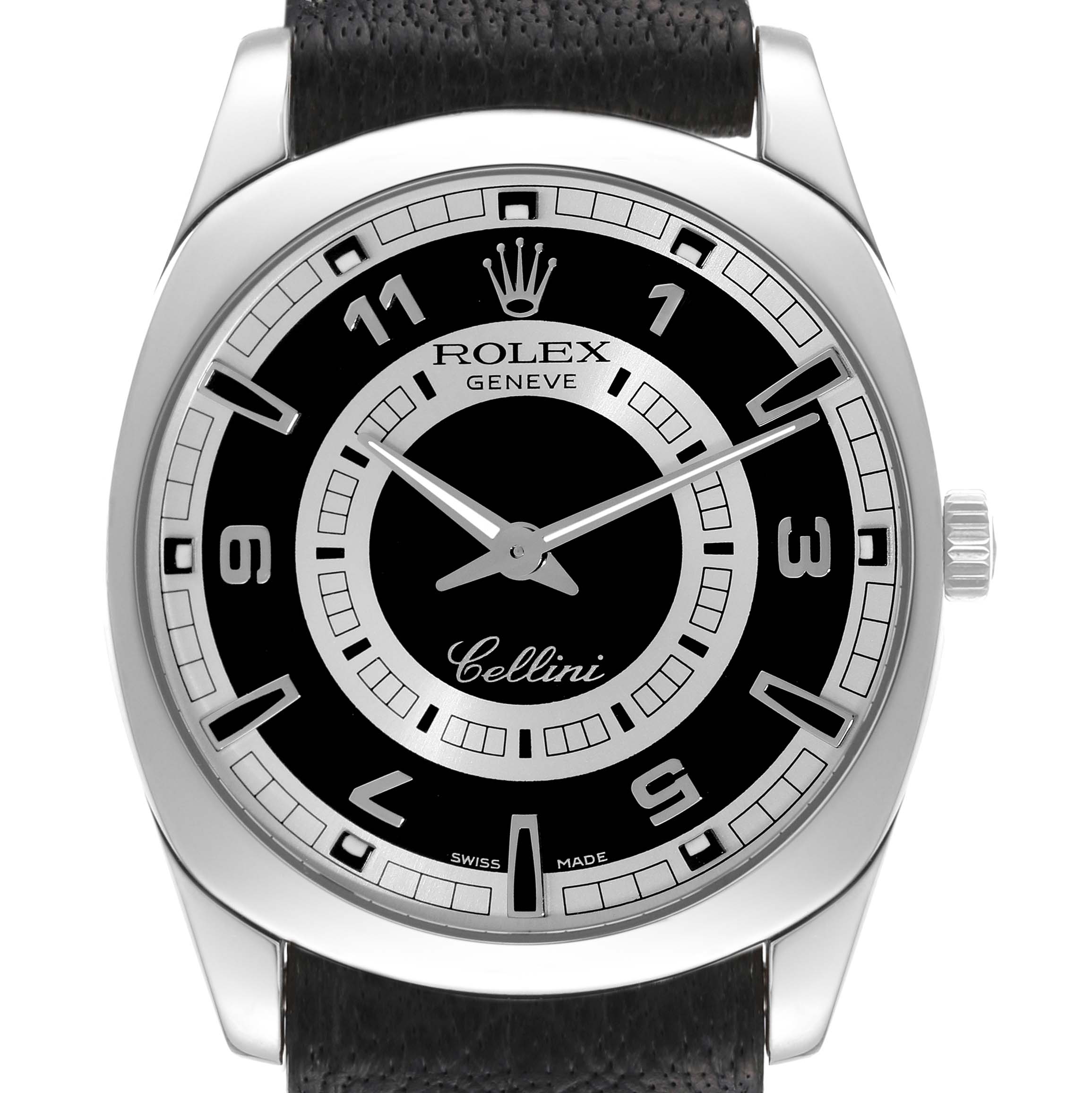 The image shows a front view of the Rolex Cellini 4243 Men's White Gold Black Dial 4243 Men's White Gold Black Dial watch, displaying its black dial, silver markings, and black leather strap.